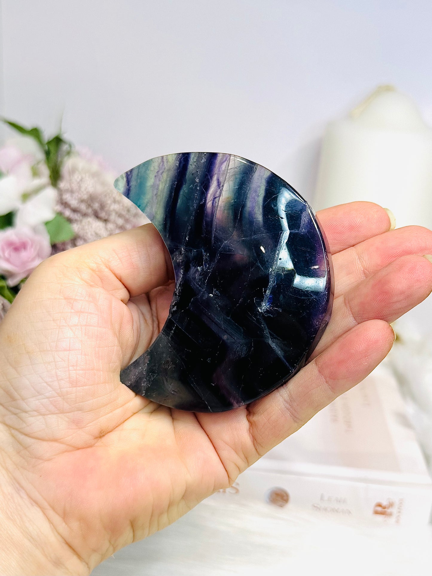 Rainbow Fluorite Moon On Stand 8cm