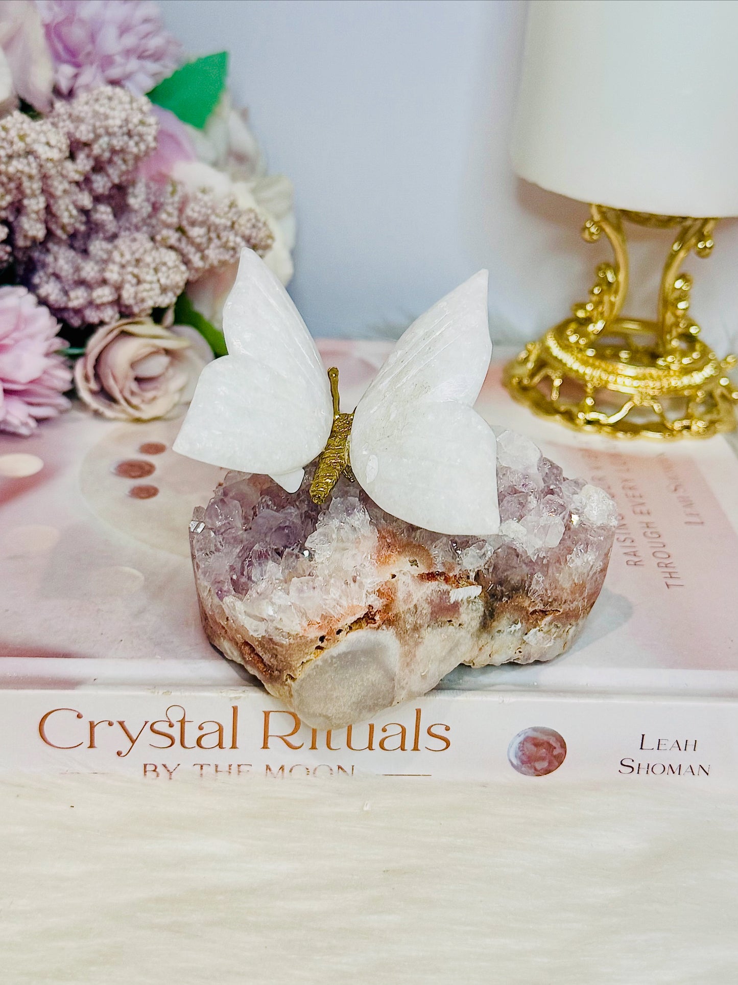 Chunky Pink Amethyst Cluster with White Jade Butterfly