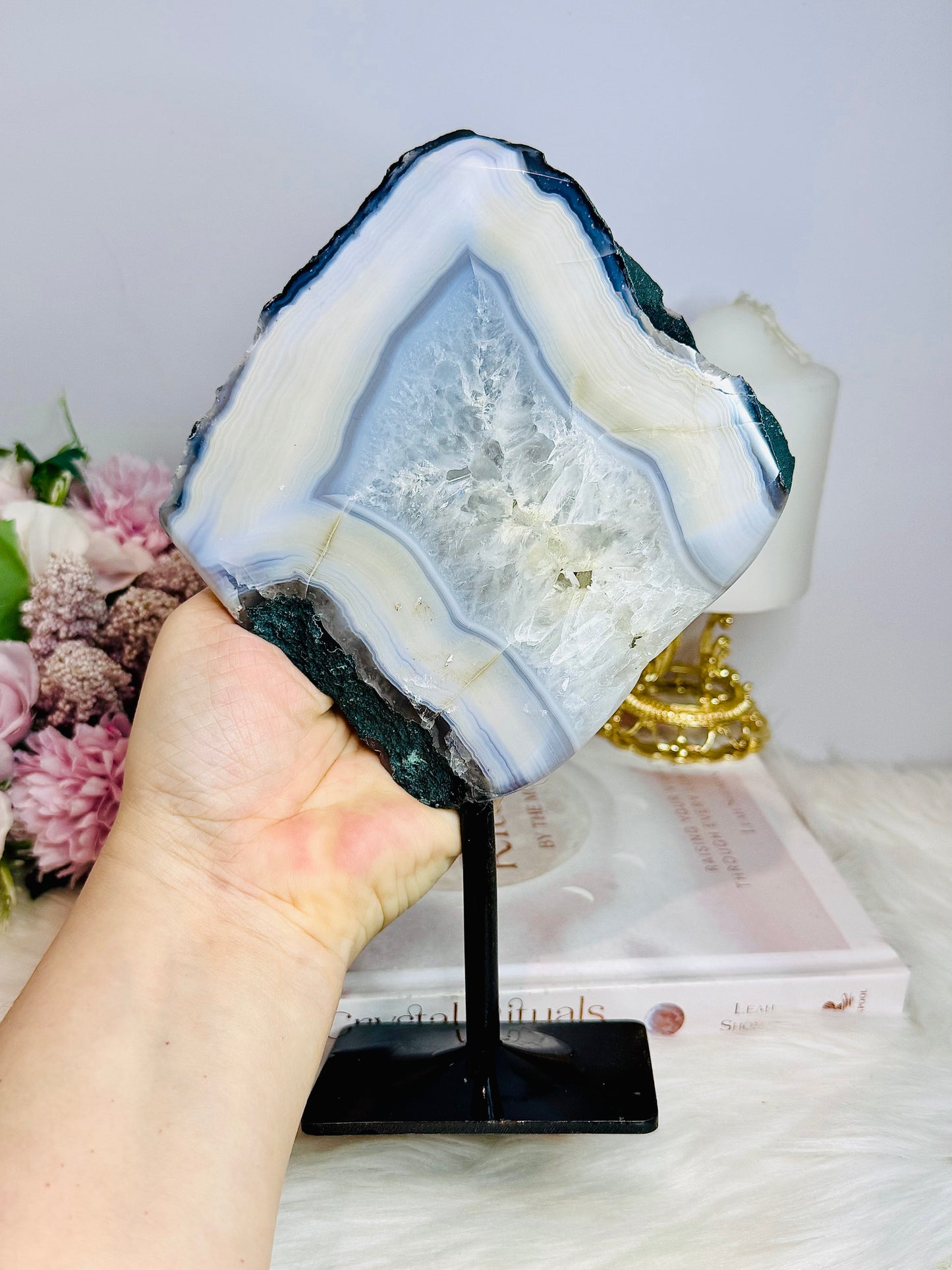 Large Natural Blue Agate Slab On Stand 23cm