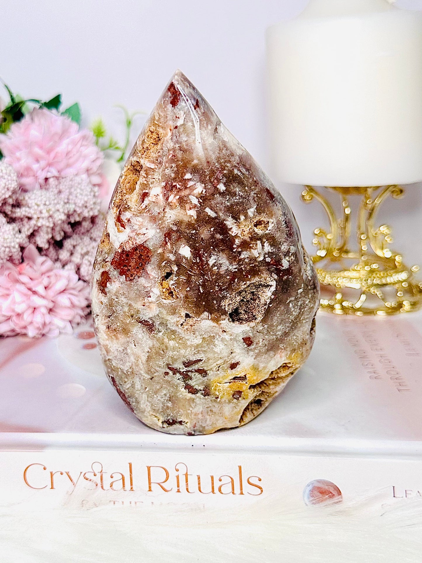 Pink Amethyst Carved Flame | Freeform with Red Jasper Inclusions 12cm 441grams From Brazil