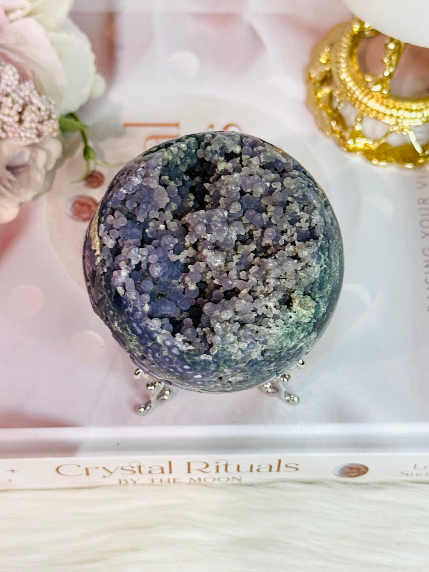 Phenomenally Gorgeous Natural Large Grape Agate Sphere 374grams On Stand