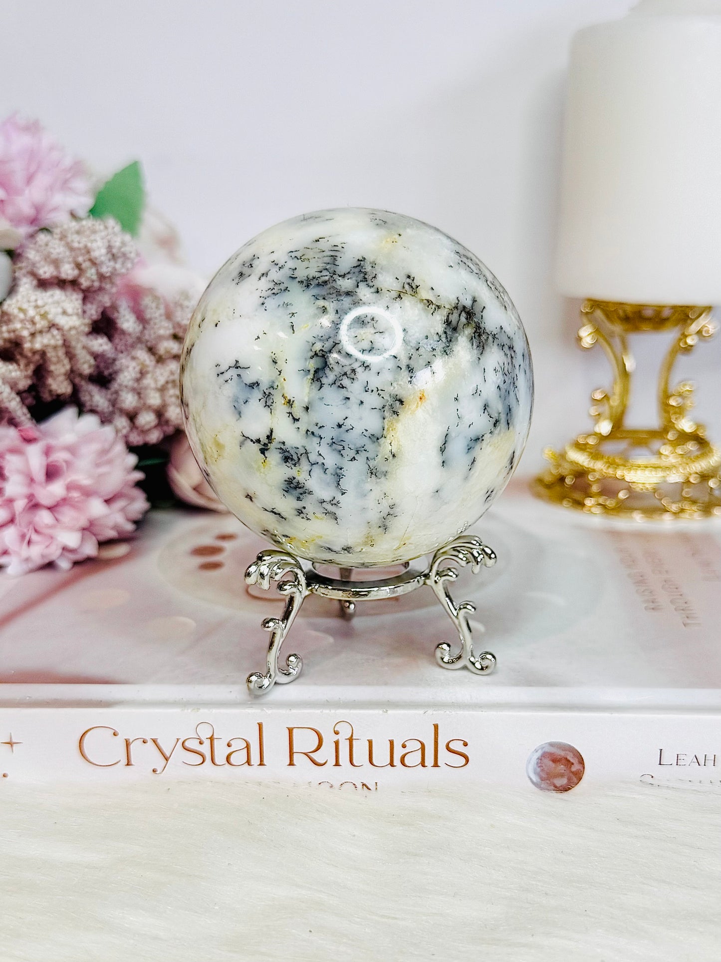 Large 404gram Dentrictic Opal Sphere On Silver Stand