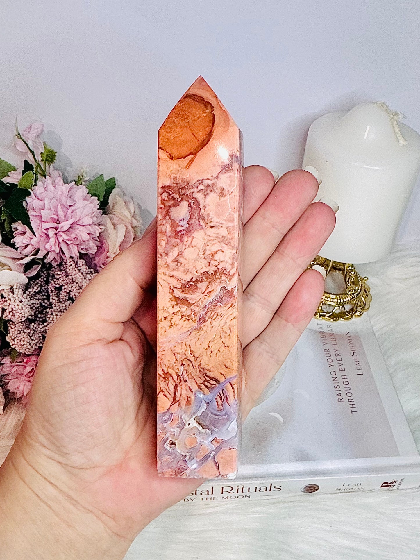 Stunning High Grade Large 14.5cm Pink Cotton Candy Agate Tower