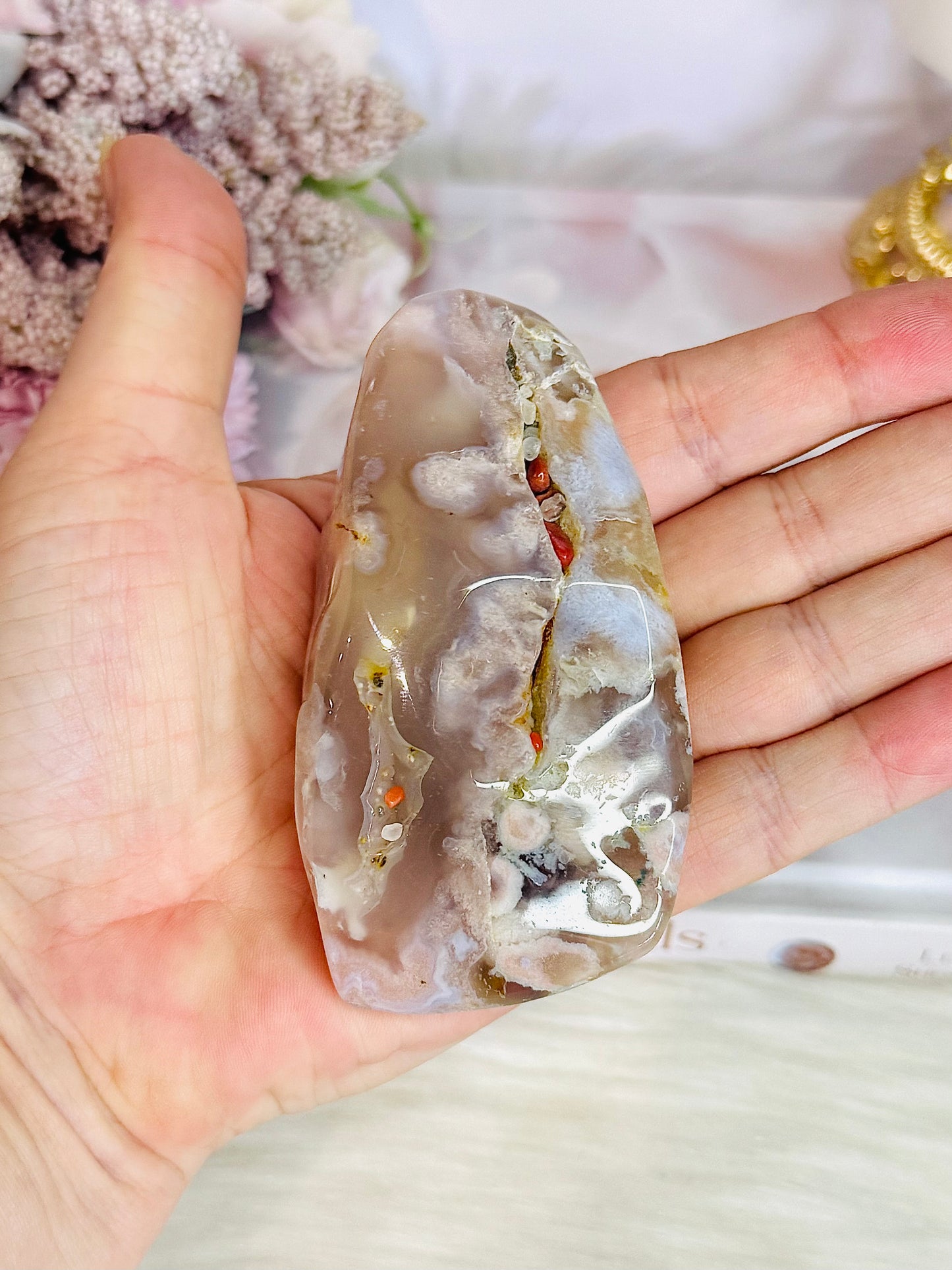Natural Green Flower Agate Polished Freeform 9cm