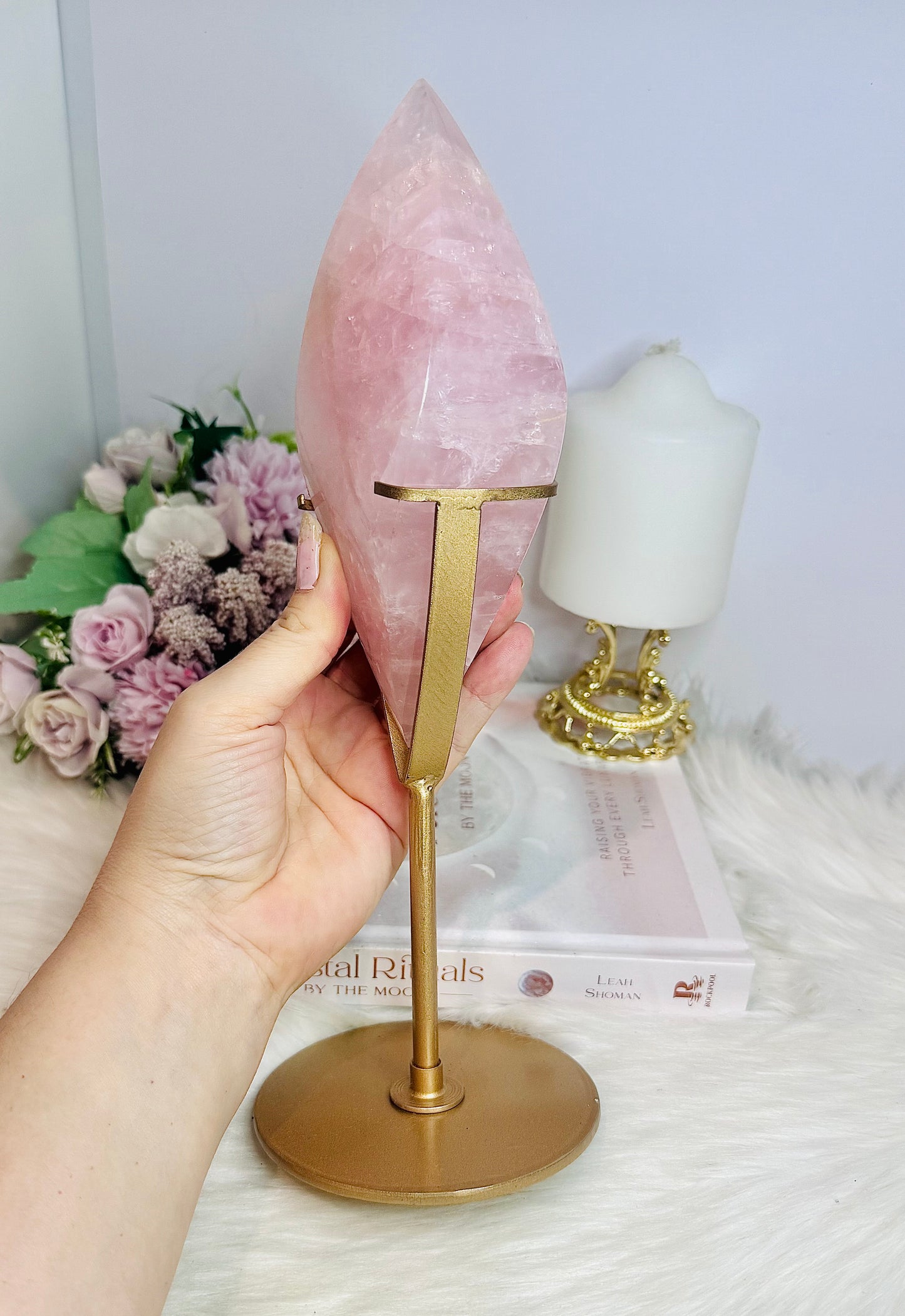 Large Rose Quartz Perfectly Carved Flame On Gold Stand 1.05KG 28cm