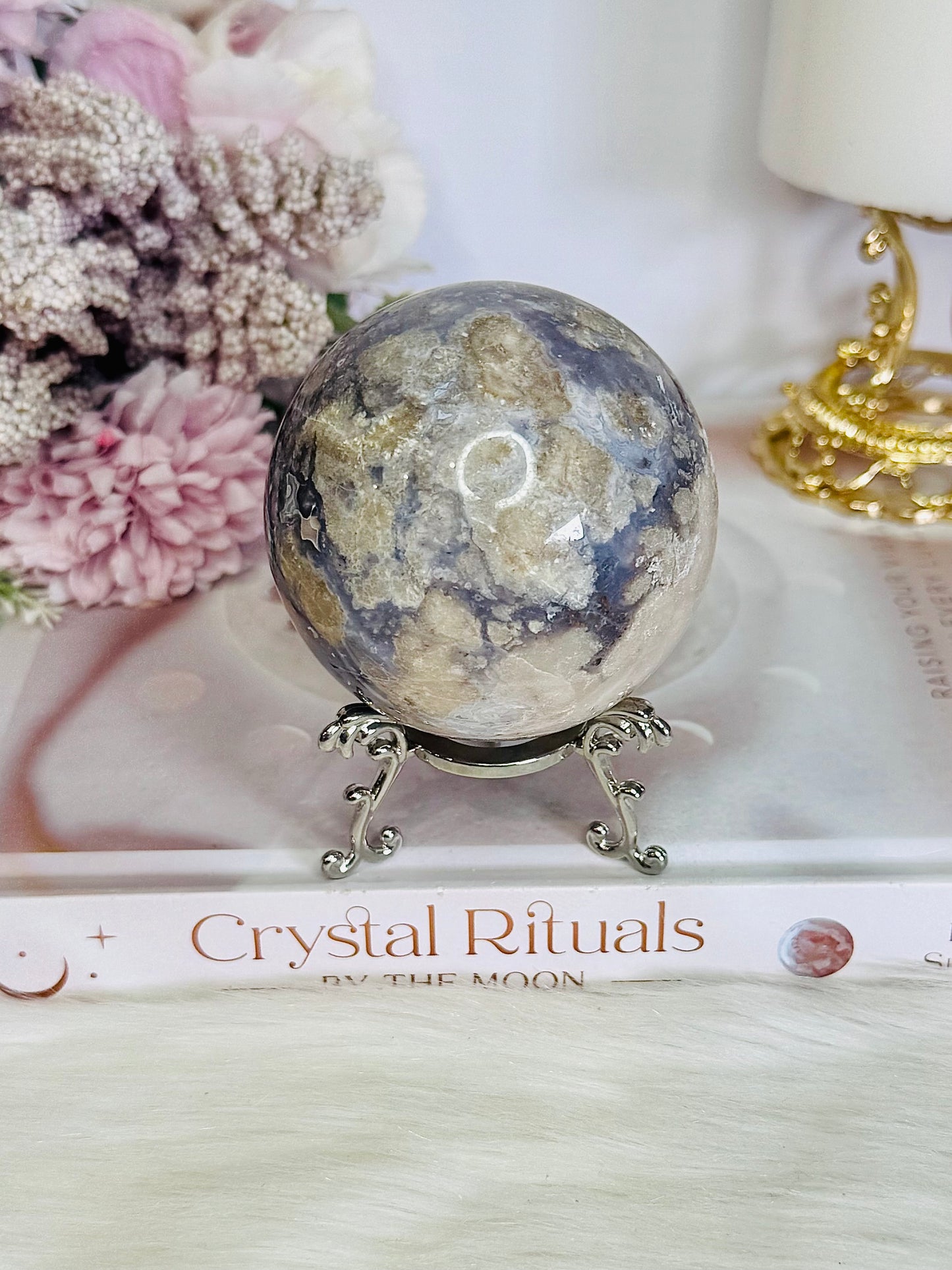 Gorgeous Natural Cherry Agate Carved Sphere On Stand 371grams