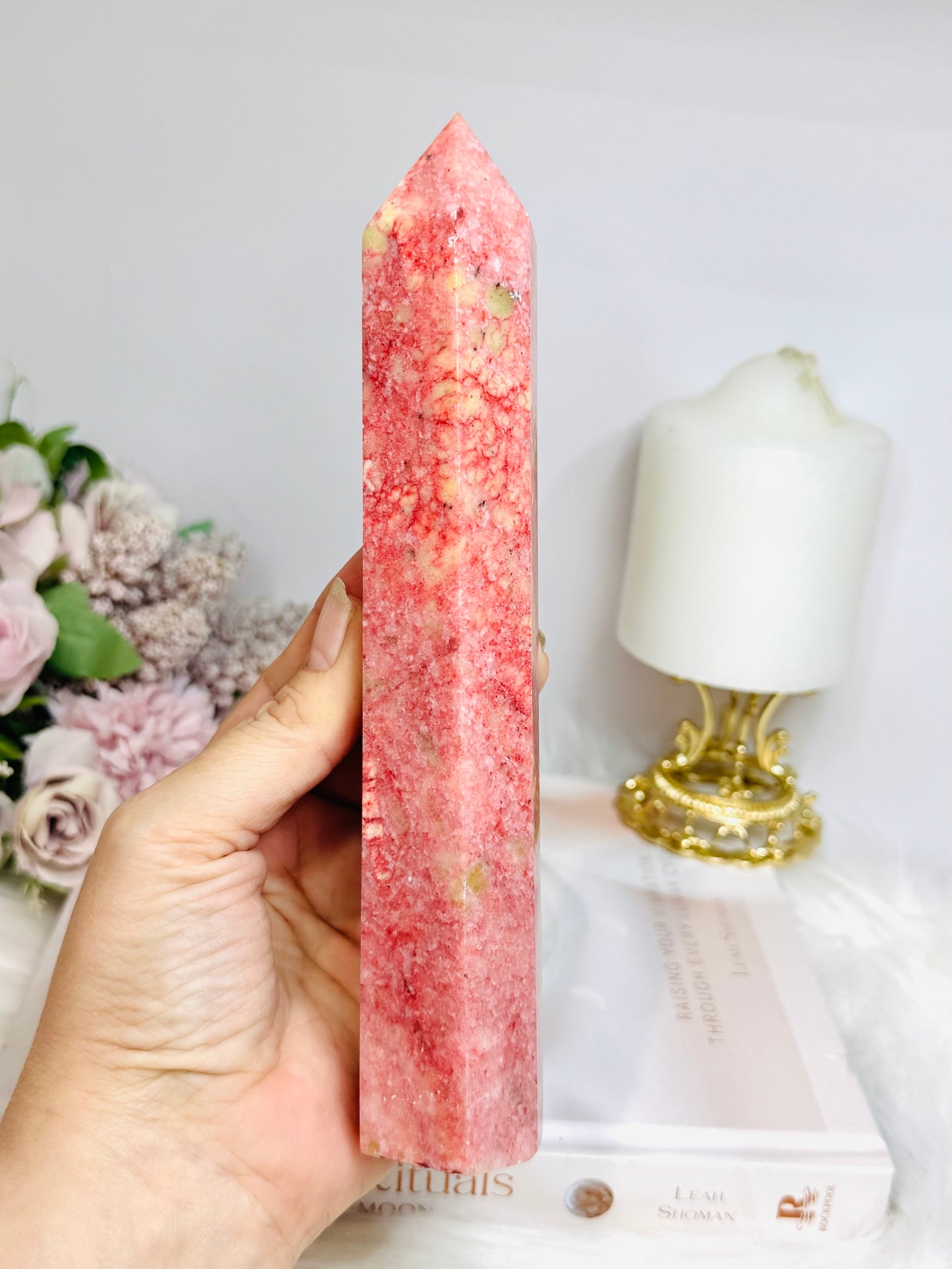 Rare Large Thulite Tower with Epidote Inclusions 20cm