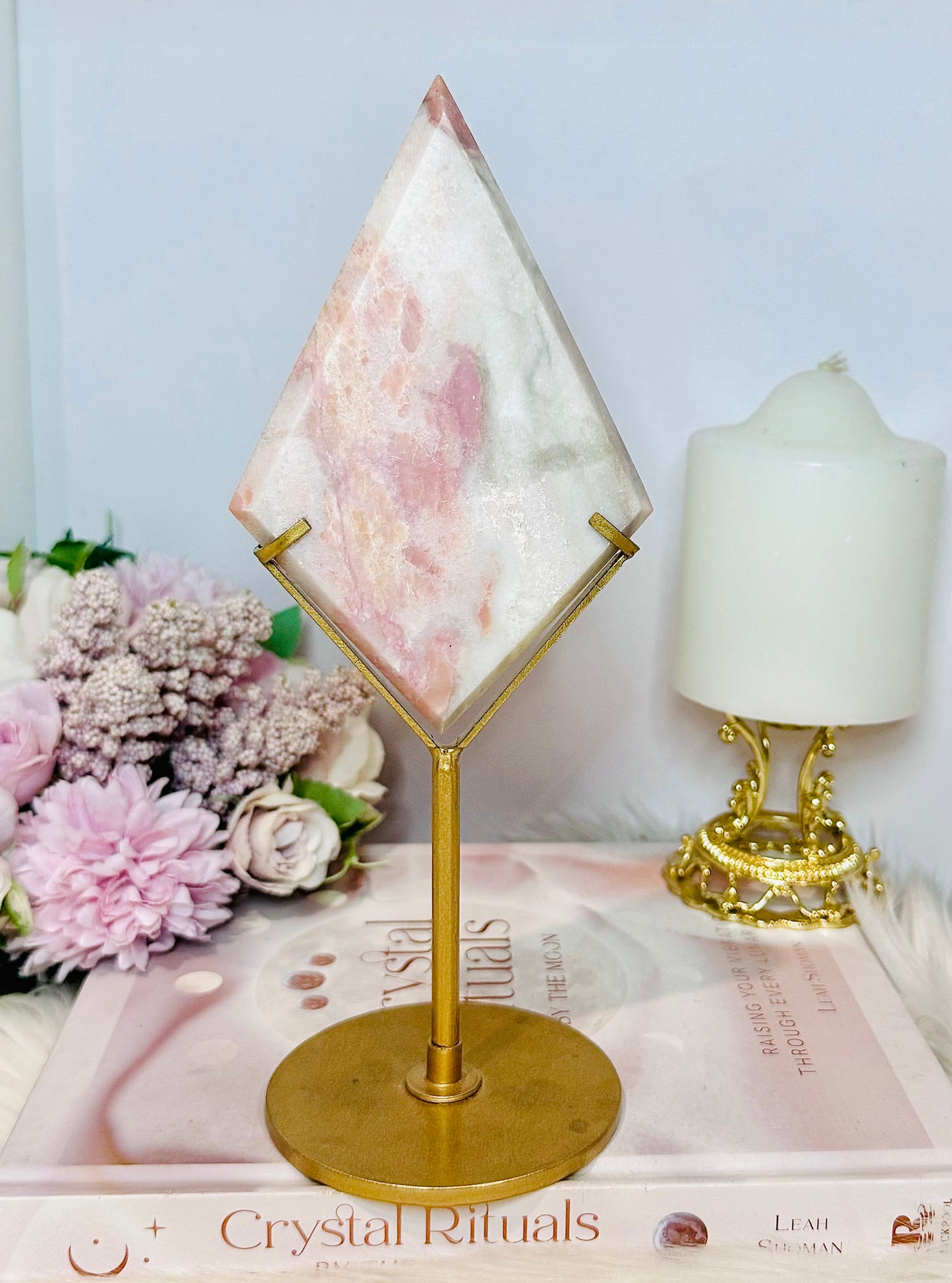 Large Pink Opal Diamond On Gold Stand 22.5cm