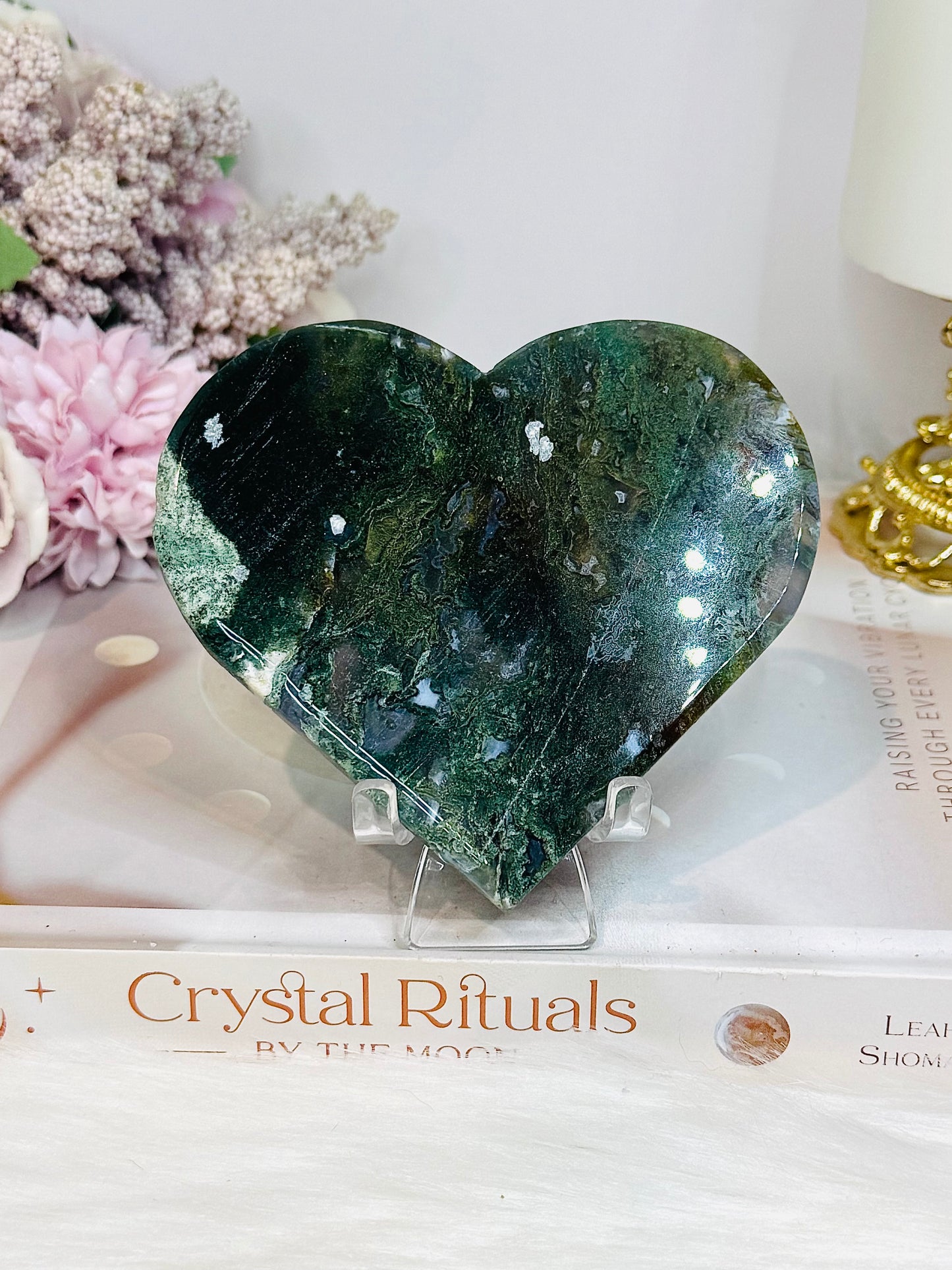 Large Moss Agate Heart on Stand 10cm