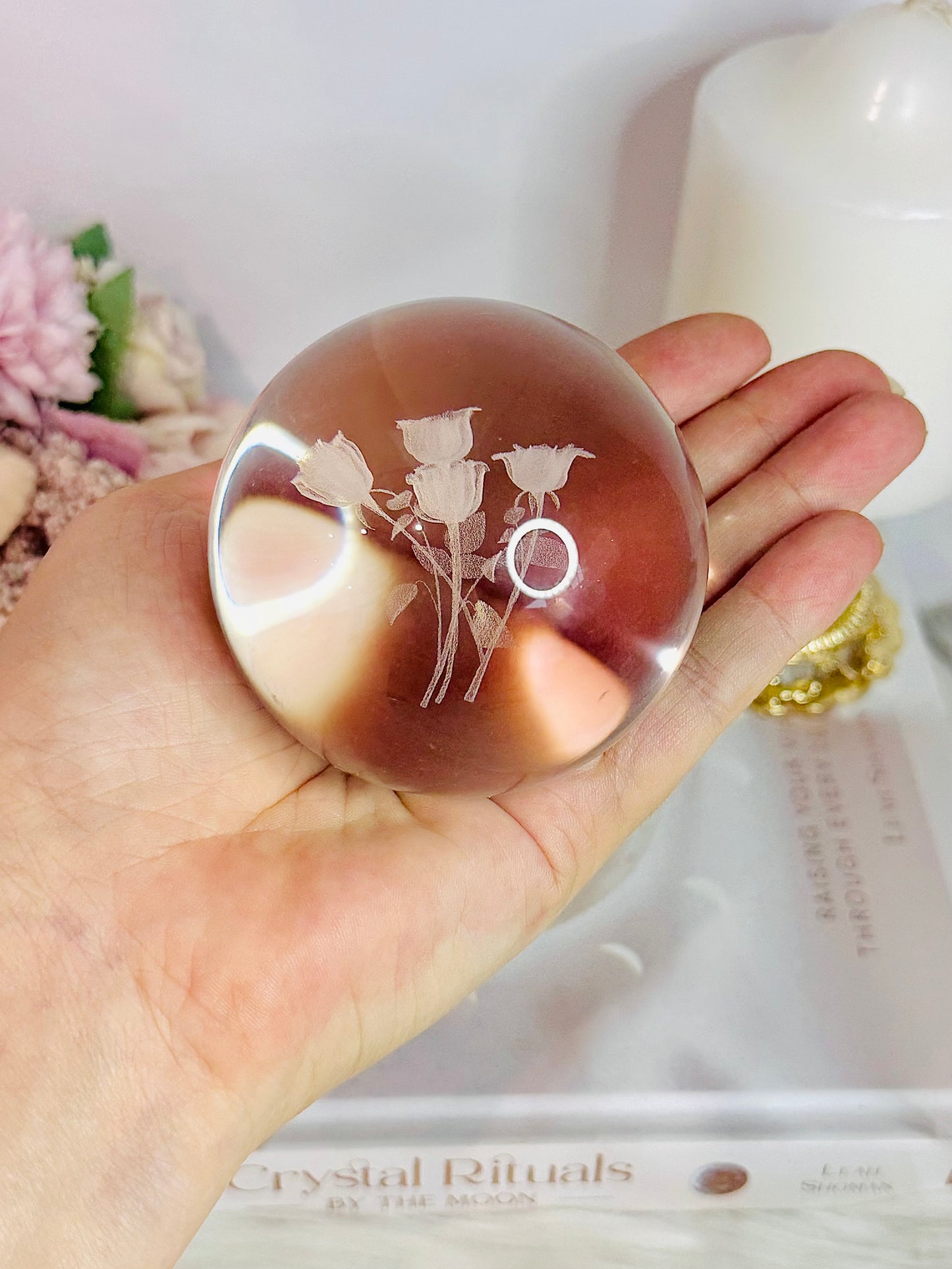 Large 424gram Glass Sphere with Etched Roses On Stand