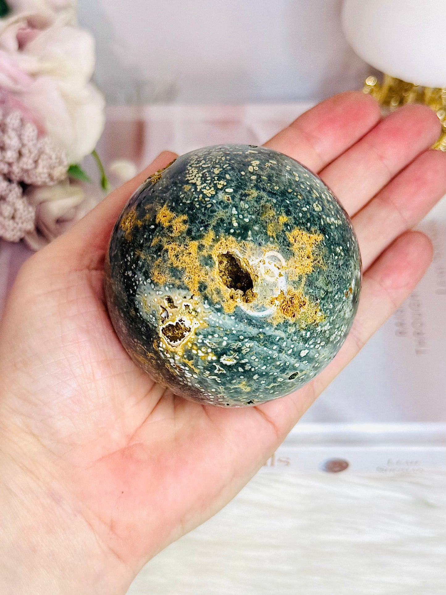 Orbicular Ocean Jasper Druzy Sphere on Stand 418g