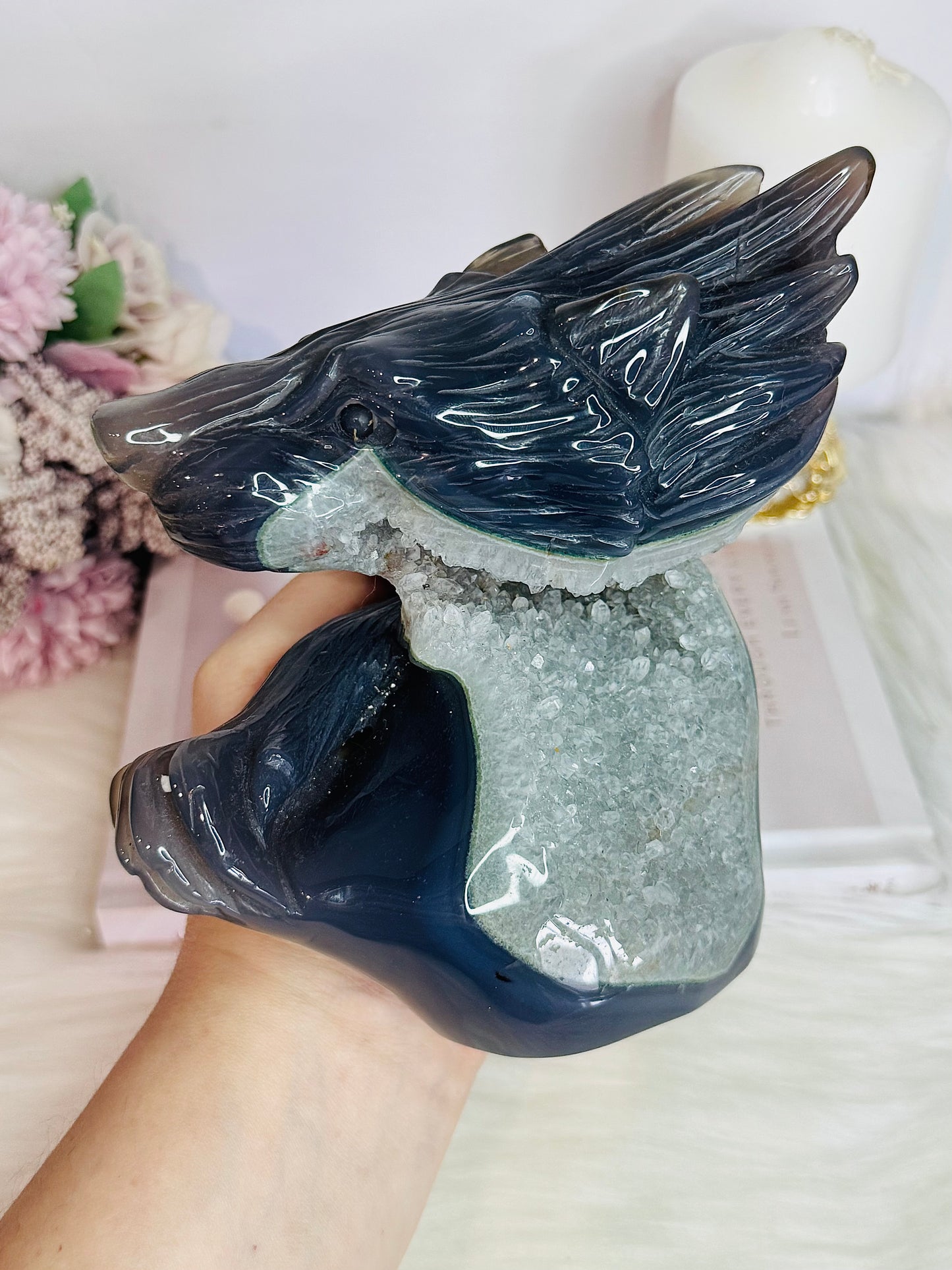 MASTERPIECE ~ Huge Agate Carved Druzy Wolf 16cm 1.3KG