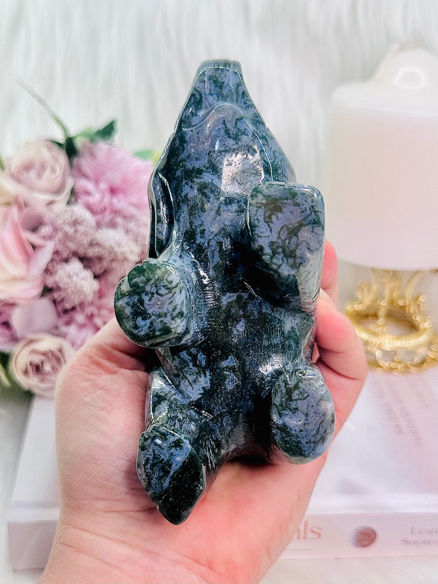 Large 635gram 13cm Blue & Green Moss Agate Carved Elephant