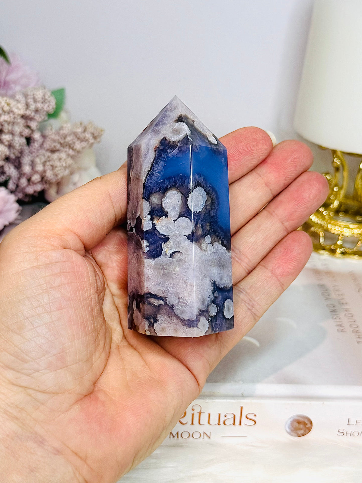 High Grade Chunky Blue Flower Agate Tower 8.5cm