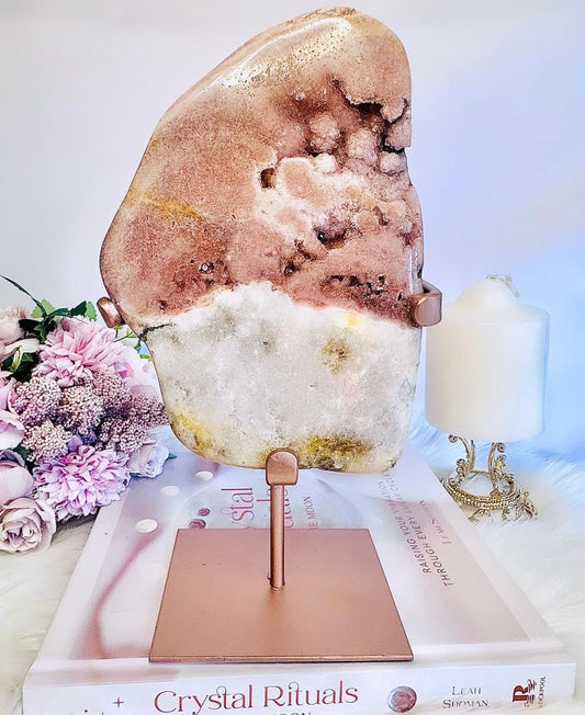 Large 1.34KG 27cm Pink Amethyst Natural Chunky Druzy Slab On Rose Gold Stand From Brazil