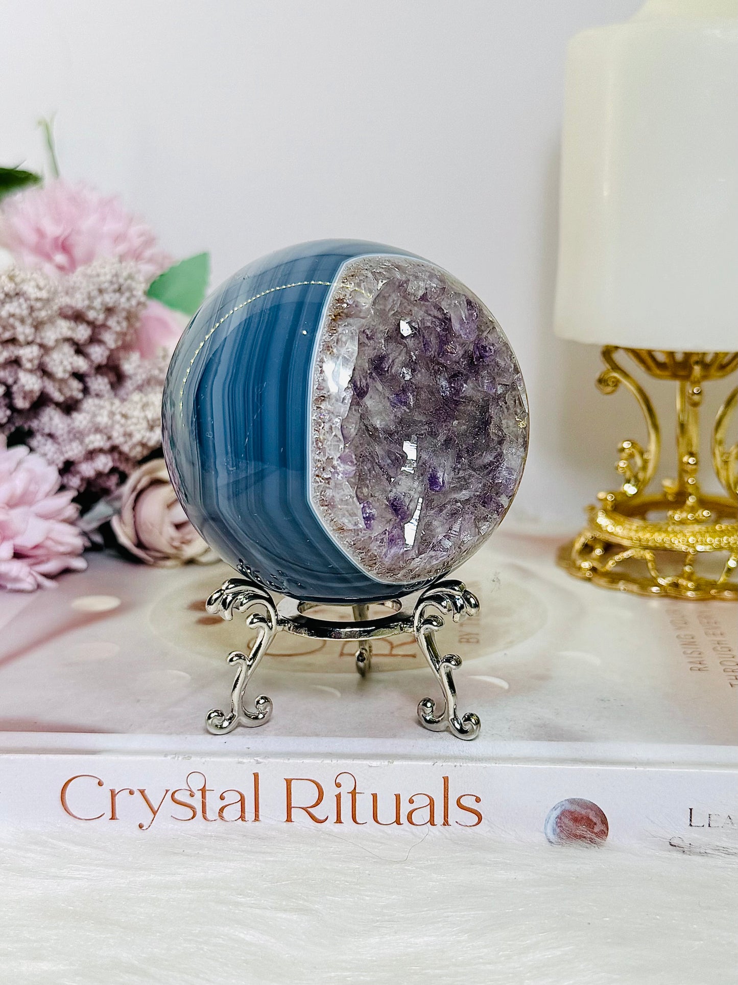 High Grade Druzy Amethyst | Agate Sphere on Stand 475g