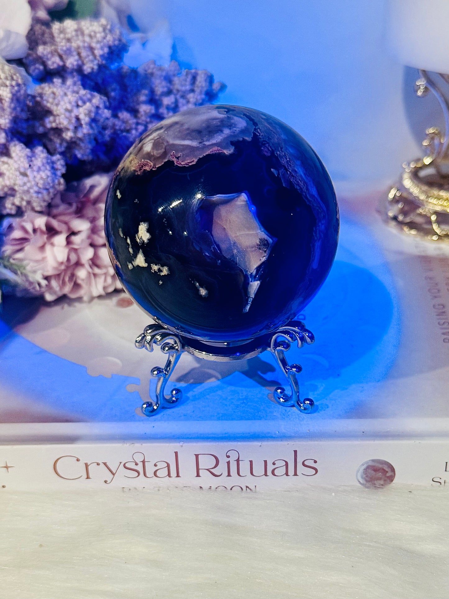 Natural Volcano Agate Druzy Sphere UV Reactive On Stand 363grams