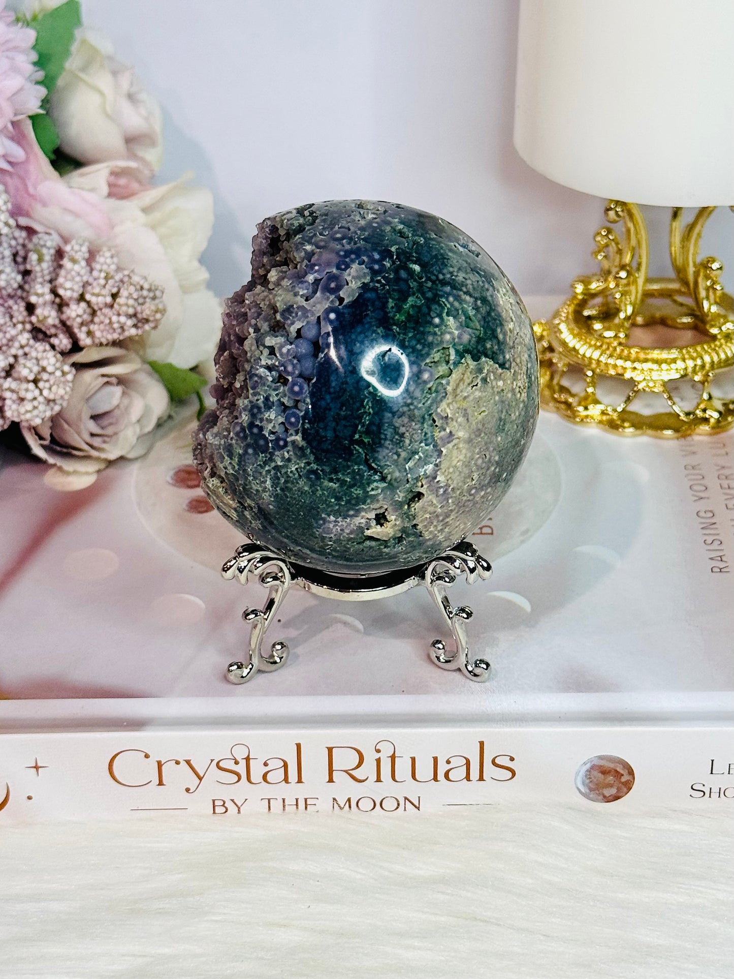 Phenomenally Gorgeous Natural Large Grape Agate Sphere 374grams On Stand