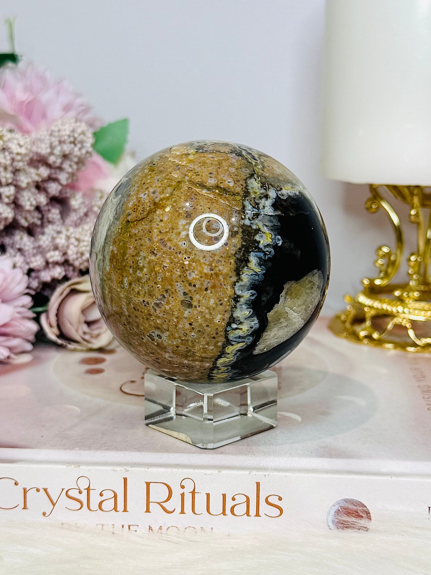 Large Volcano Agate (UV Reactive) Sphere On Stand 394g