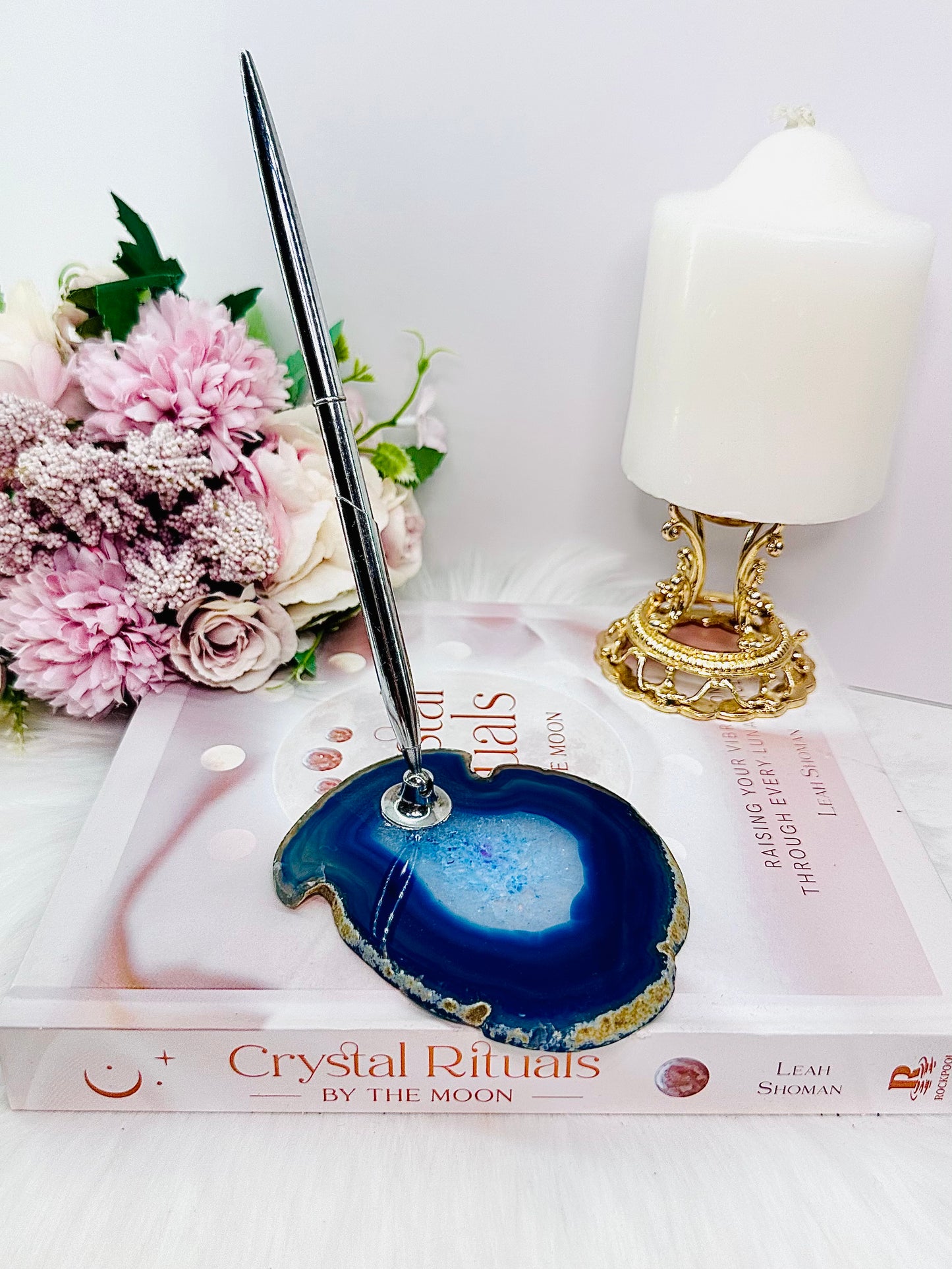 Transforms Negative to Positive ~ Perfect Desk Accessory ~ Gorgeous Blue Agate Slab Pen Holder