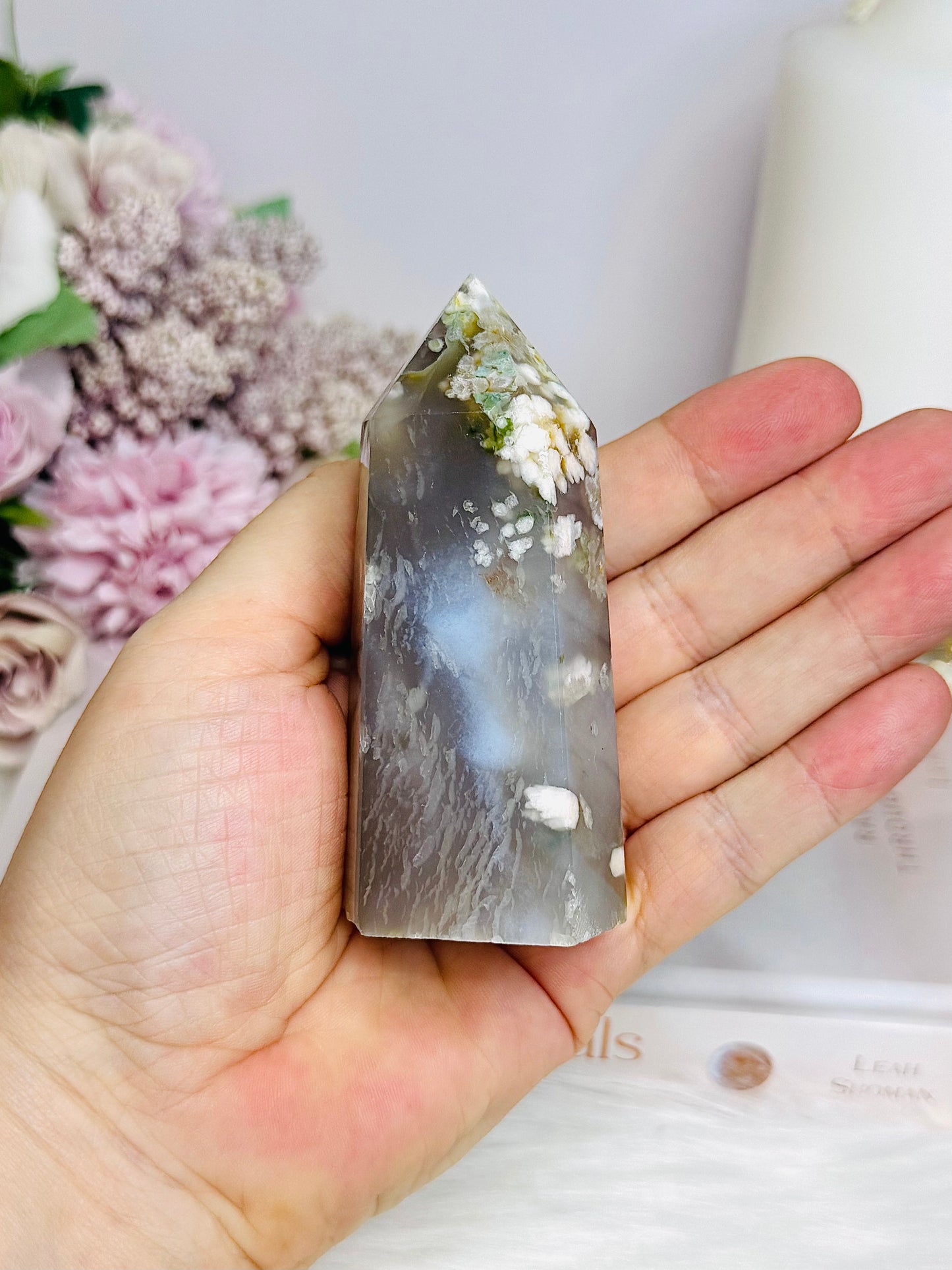 Flower Agate Carved Tower 9cm