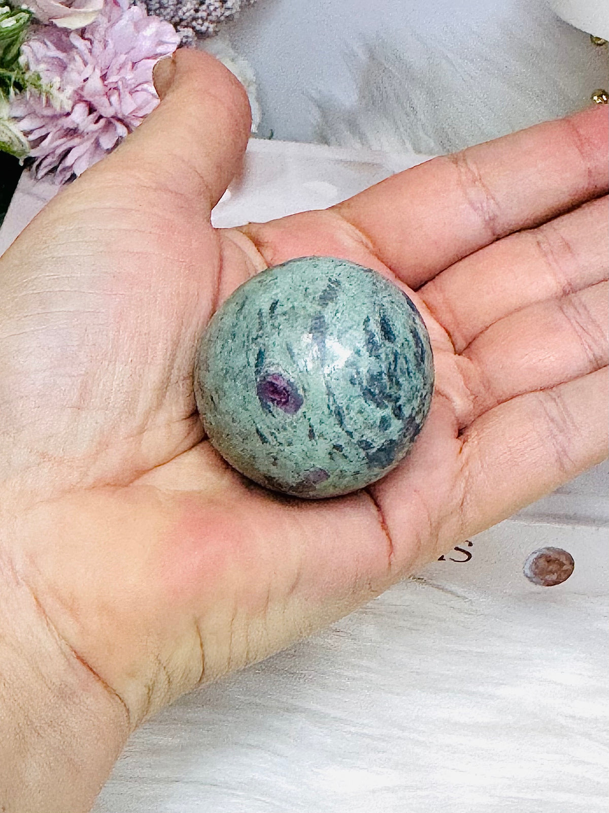 Ruby Fuchsite Sphere (UV Reactive) On Stand 92g