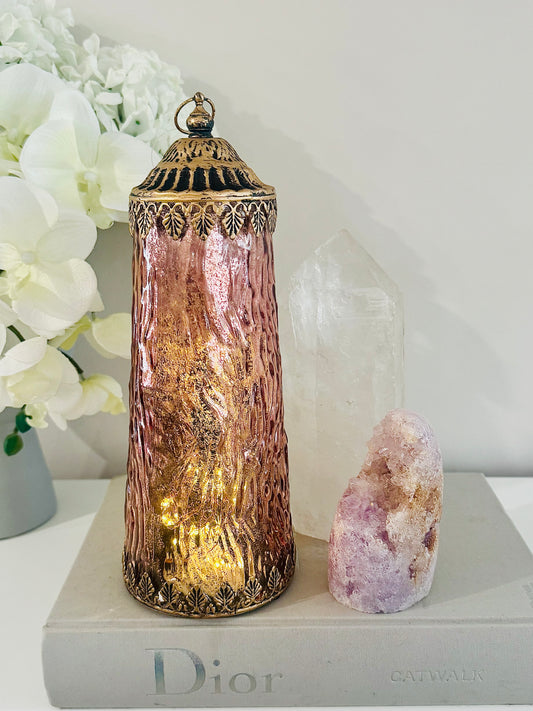 Glass Large Lantern Led Tower Pink Punch 27cm