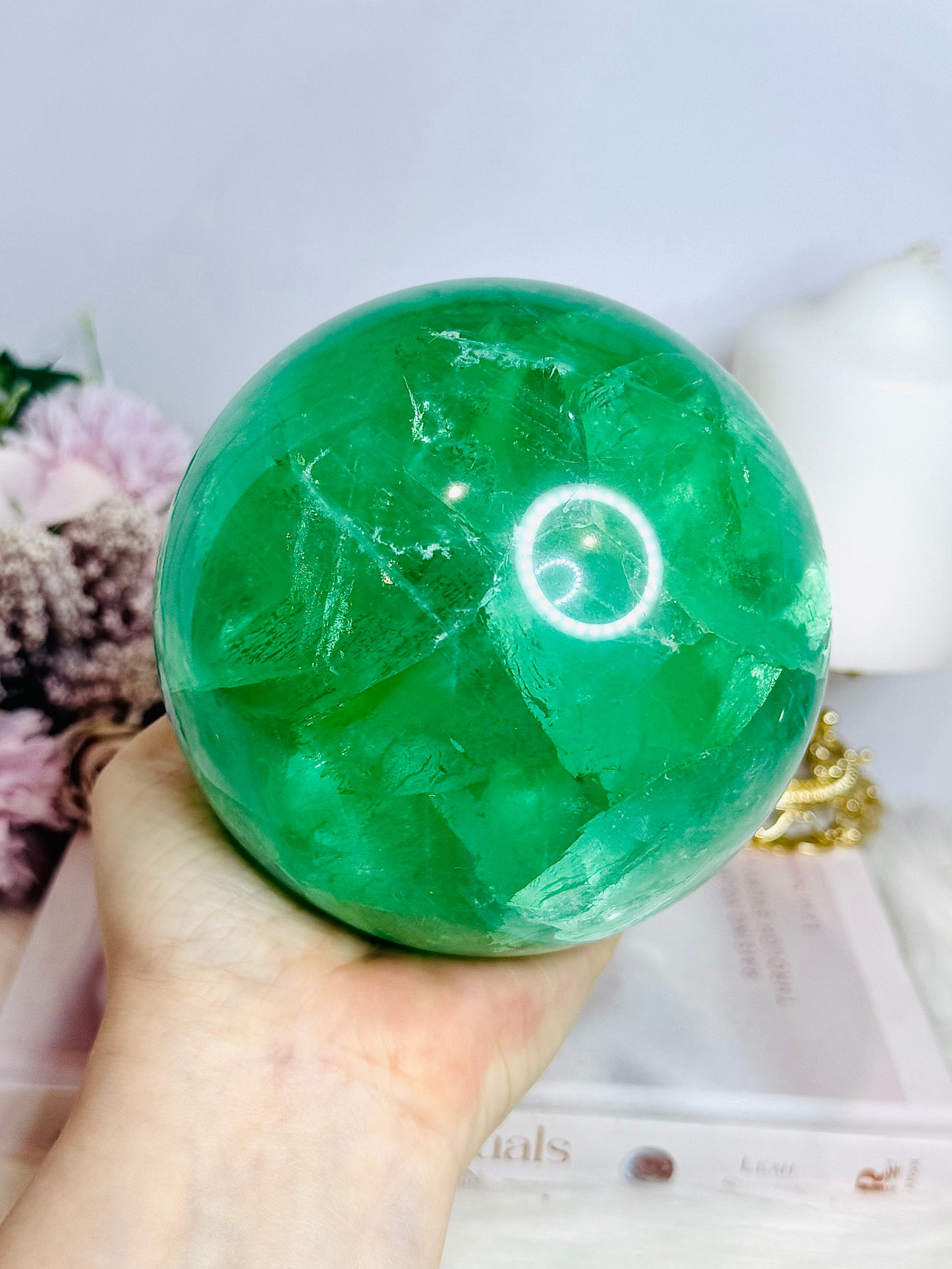 Huge High Grade Green Fluorite Sphere with Rainbows on Stand 2.4KG