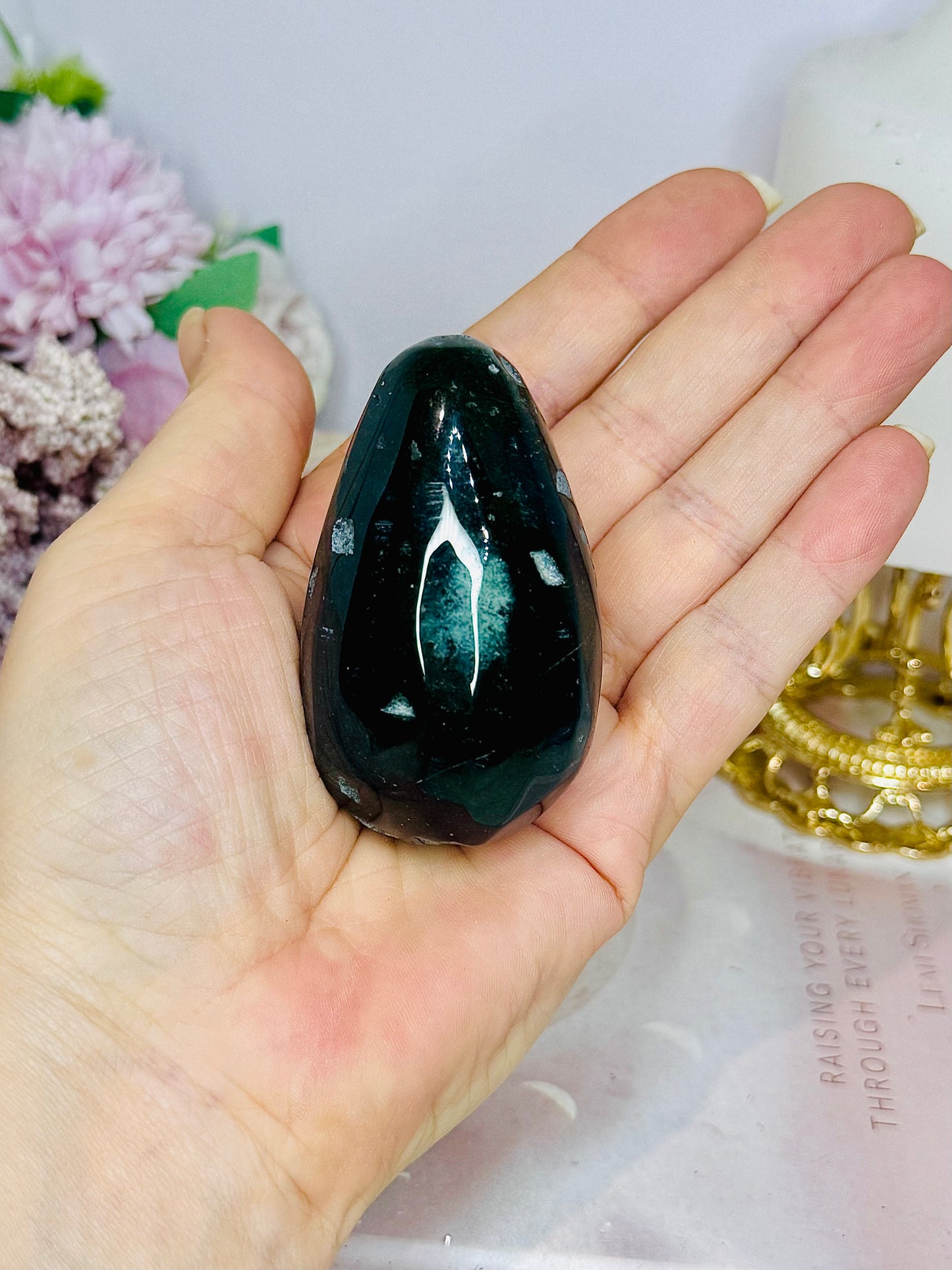 Moss Agate Carved Egg On Stand 7cm