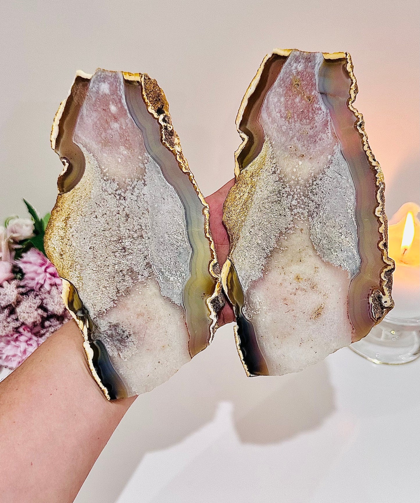 Huge 29.5cm (Inc Stand) Gorgeous Pink Amethyst Agate Wings On Gold Stand From Brazil