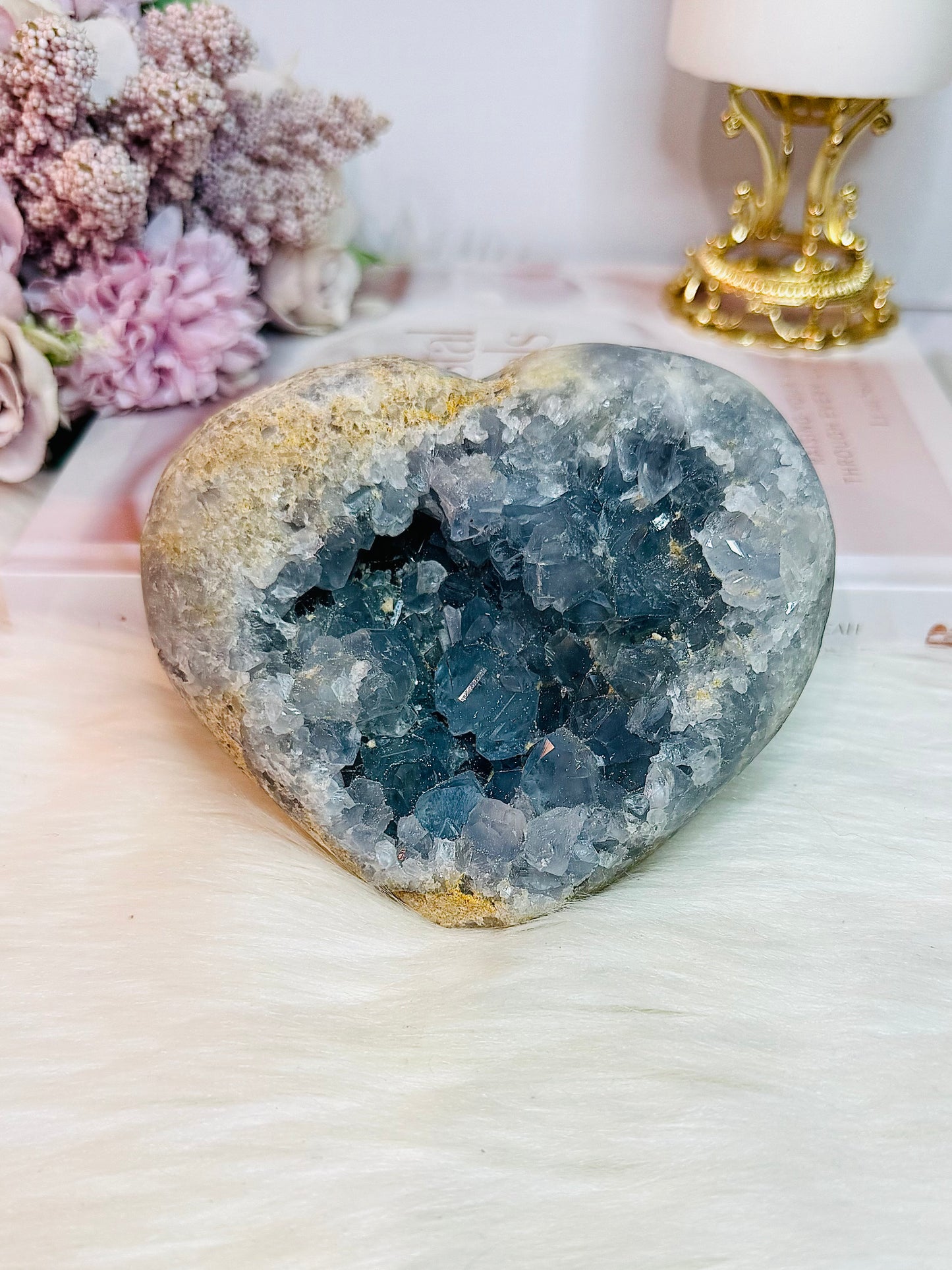 Stunning Large 1.3KG Natural Blue Celestite Cluster Carved Heart