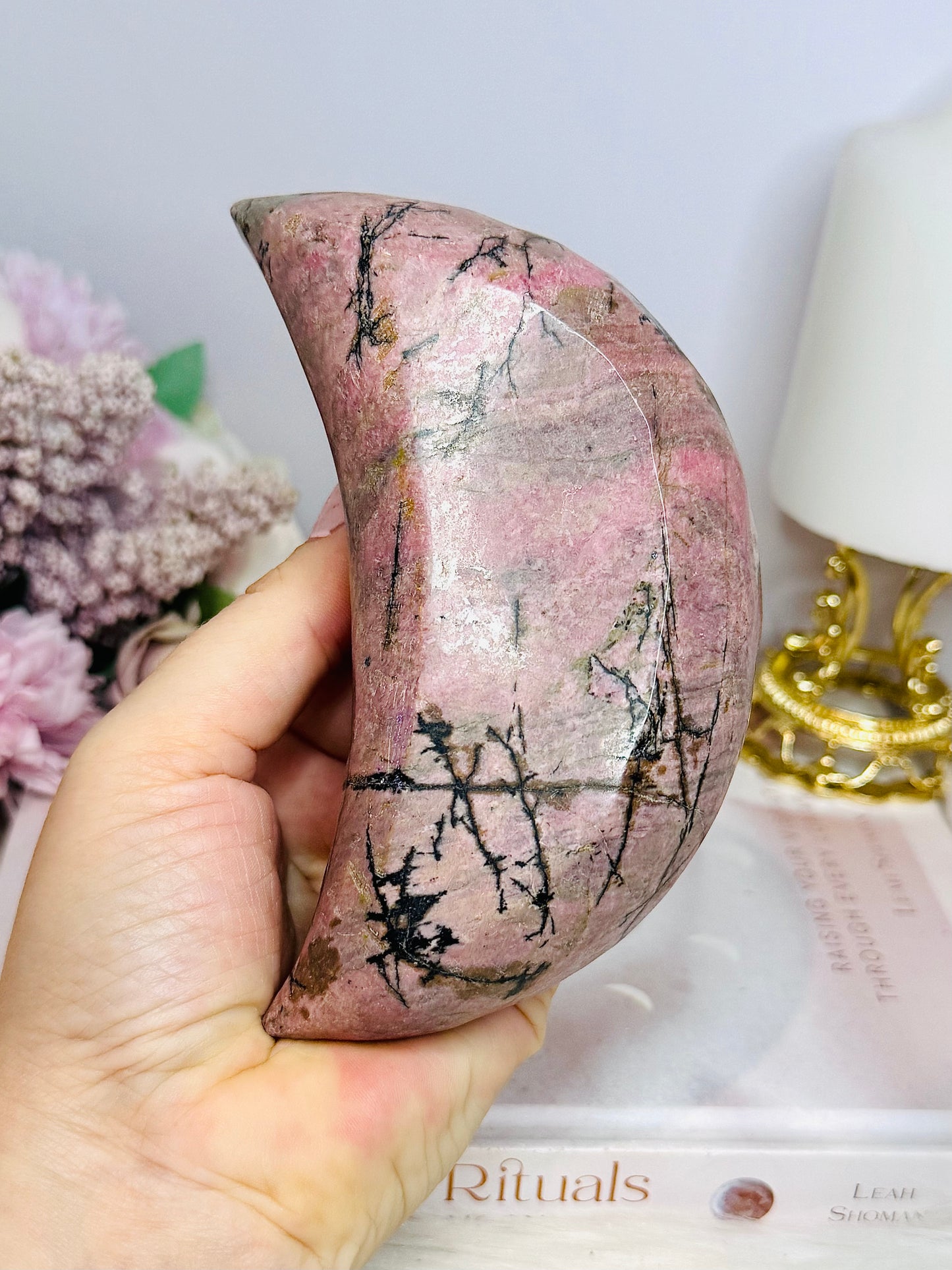 Large Rhodonite Moon Bowl 449g