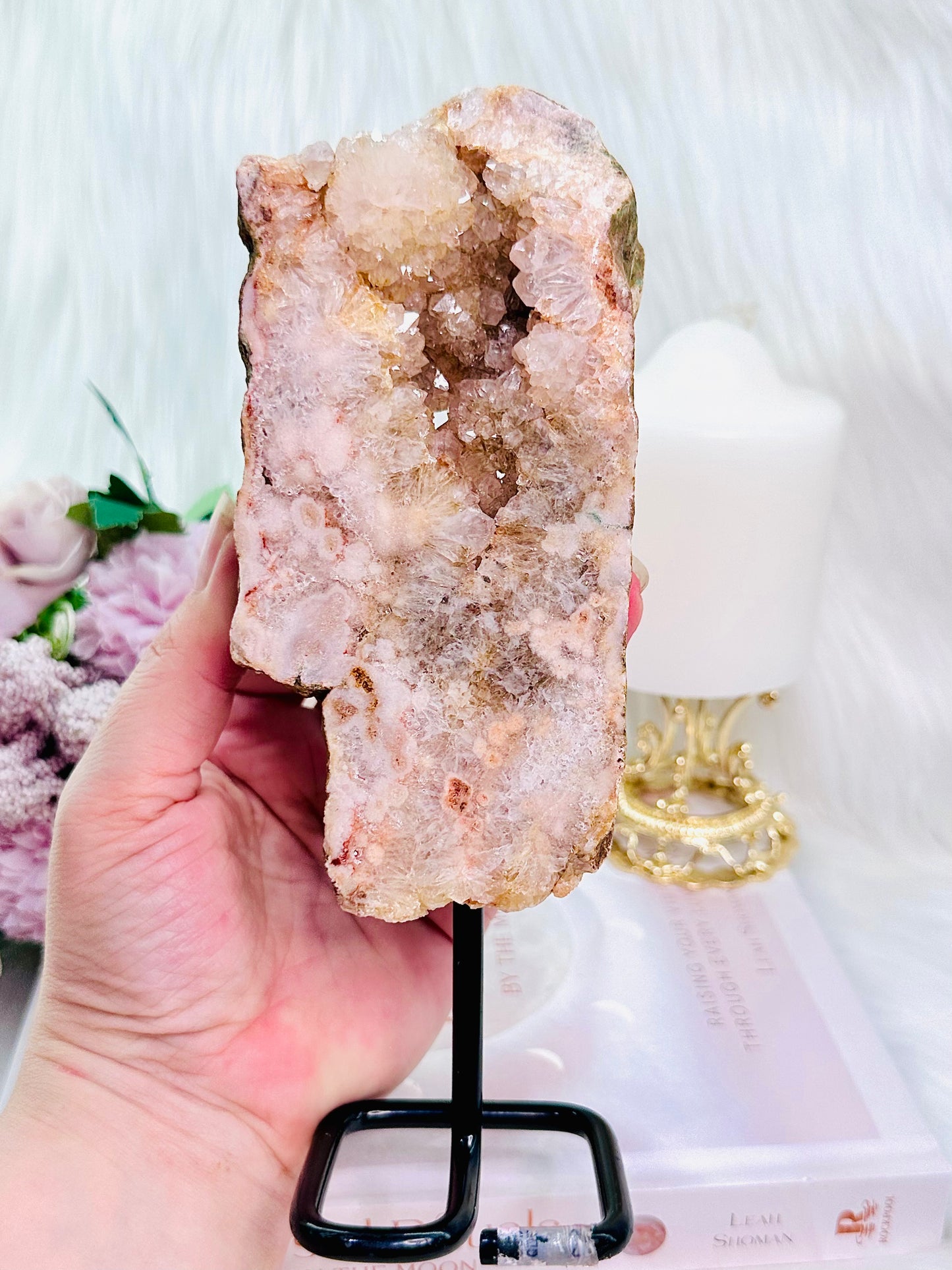 Classy & Fabulous Large Chunky 20cm 685gram Druzy Pink Amethyst Slab On Stand From Brazil with Stunning Crystallisation
