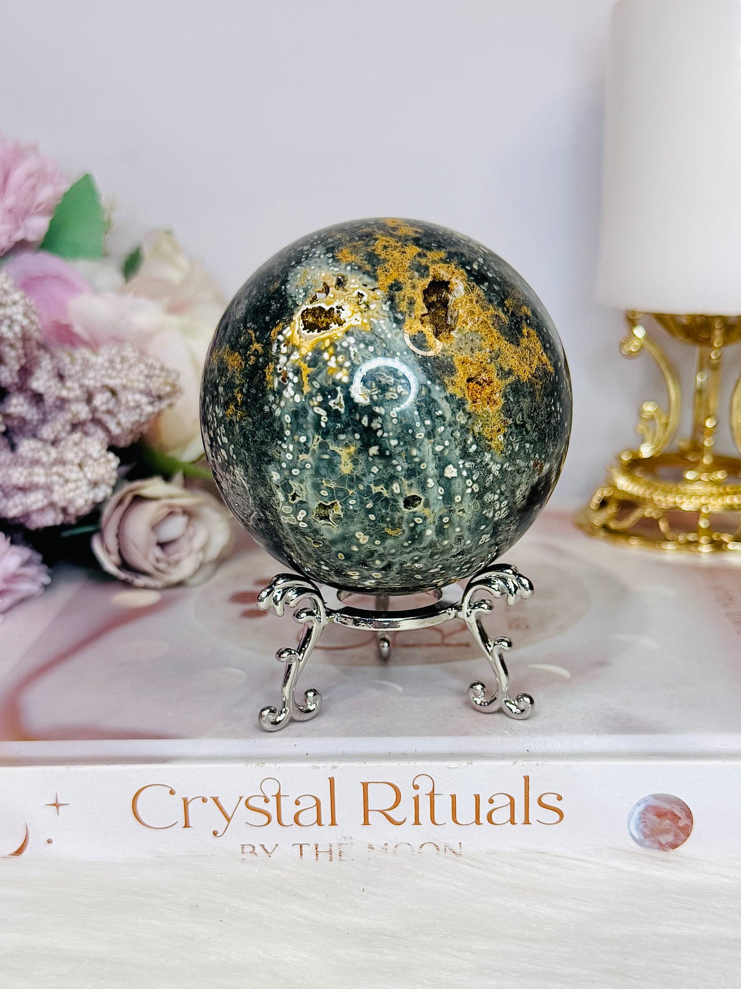 Orbicular Ocean Jasper Druzy Sphere on Stand 418g
