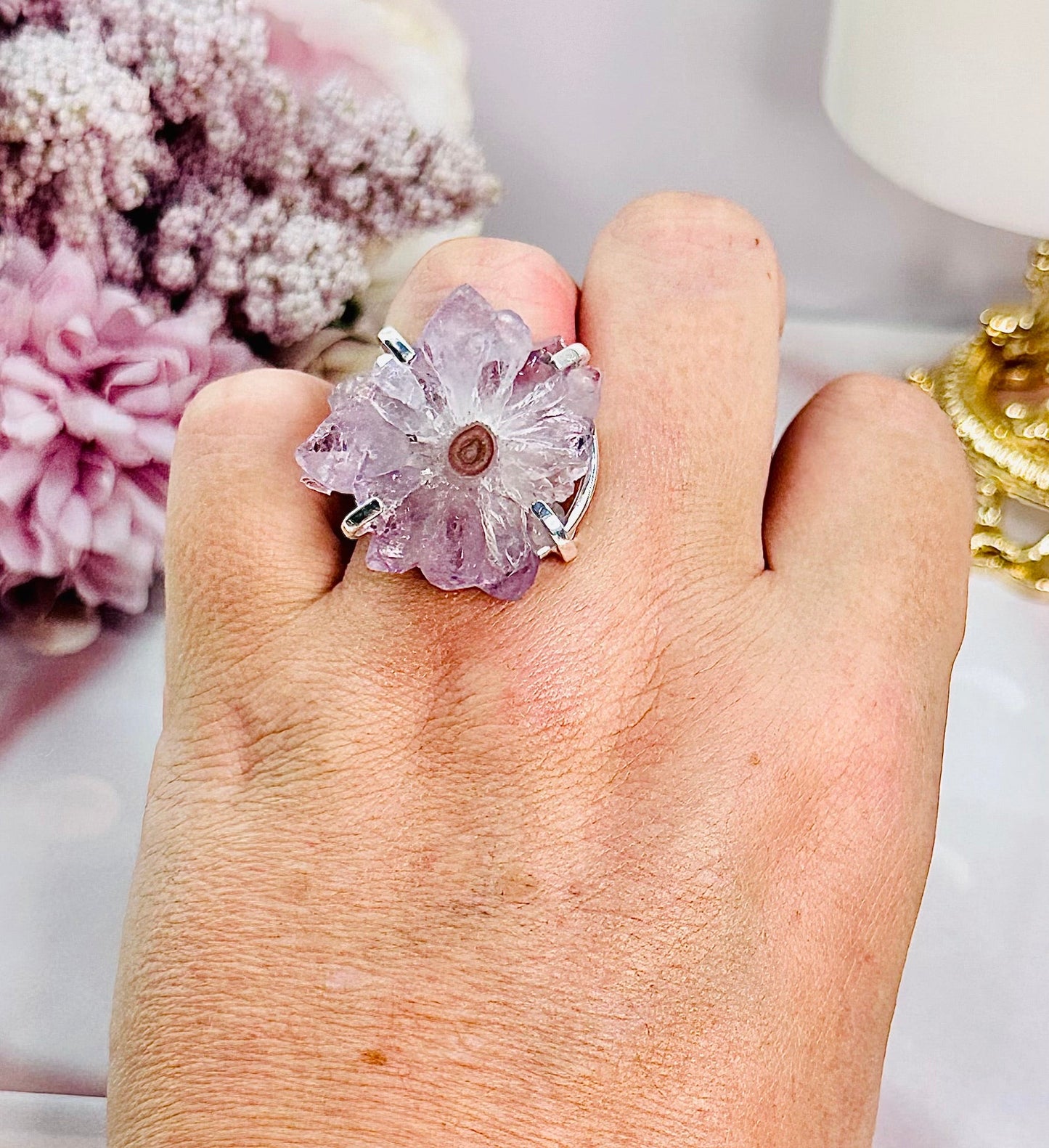 Natural Purple Stalactite Silver Plated Adjustable Ring From Brazil In Gift Bag