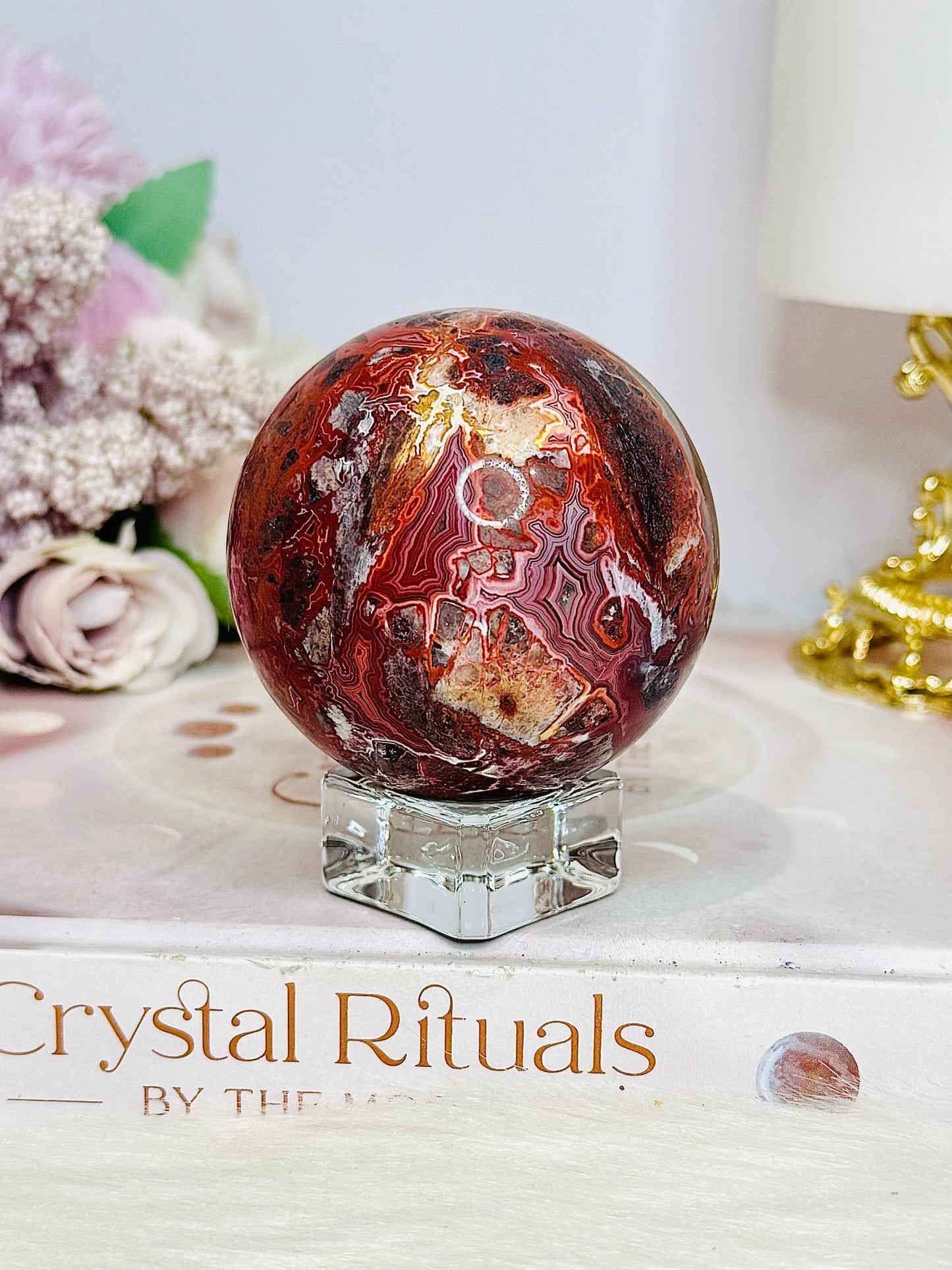 Red Mexican Lace Agate Sphere On Stand 258g