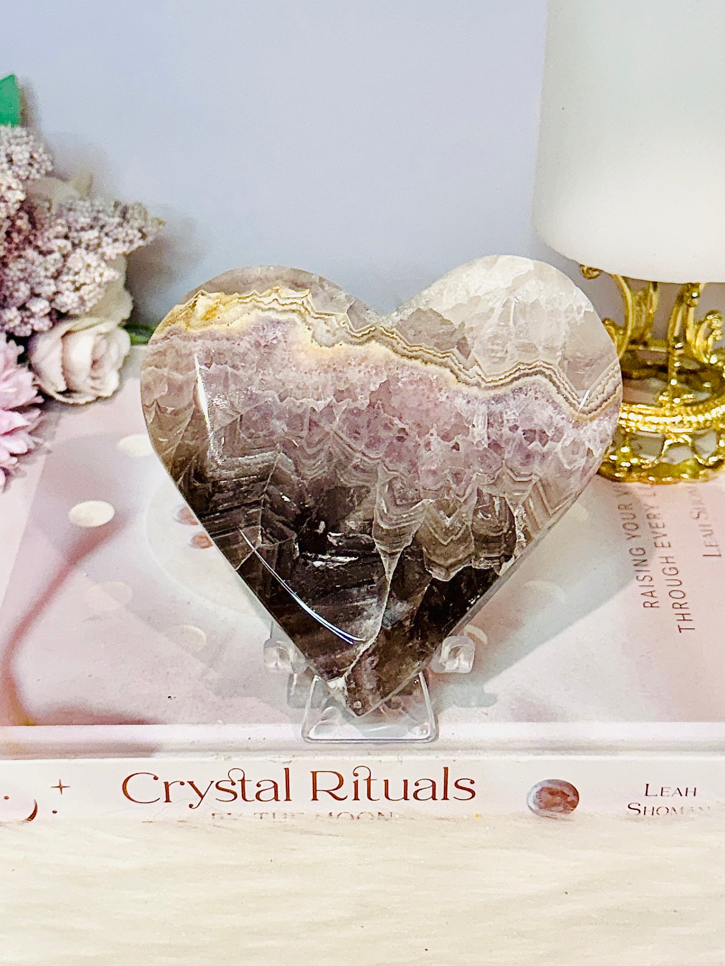 Large Amethyst X Agate Carved Heart on Stand