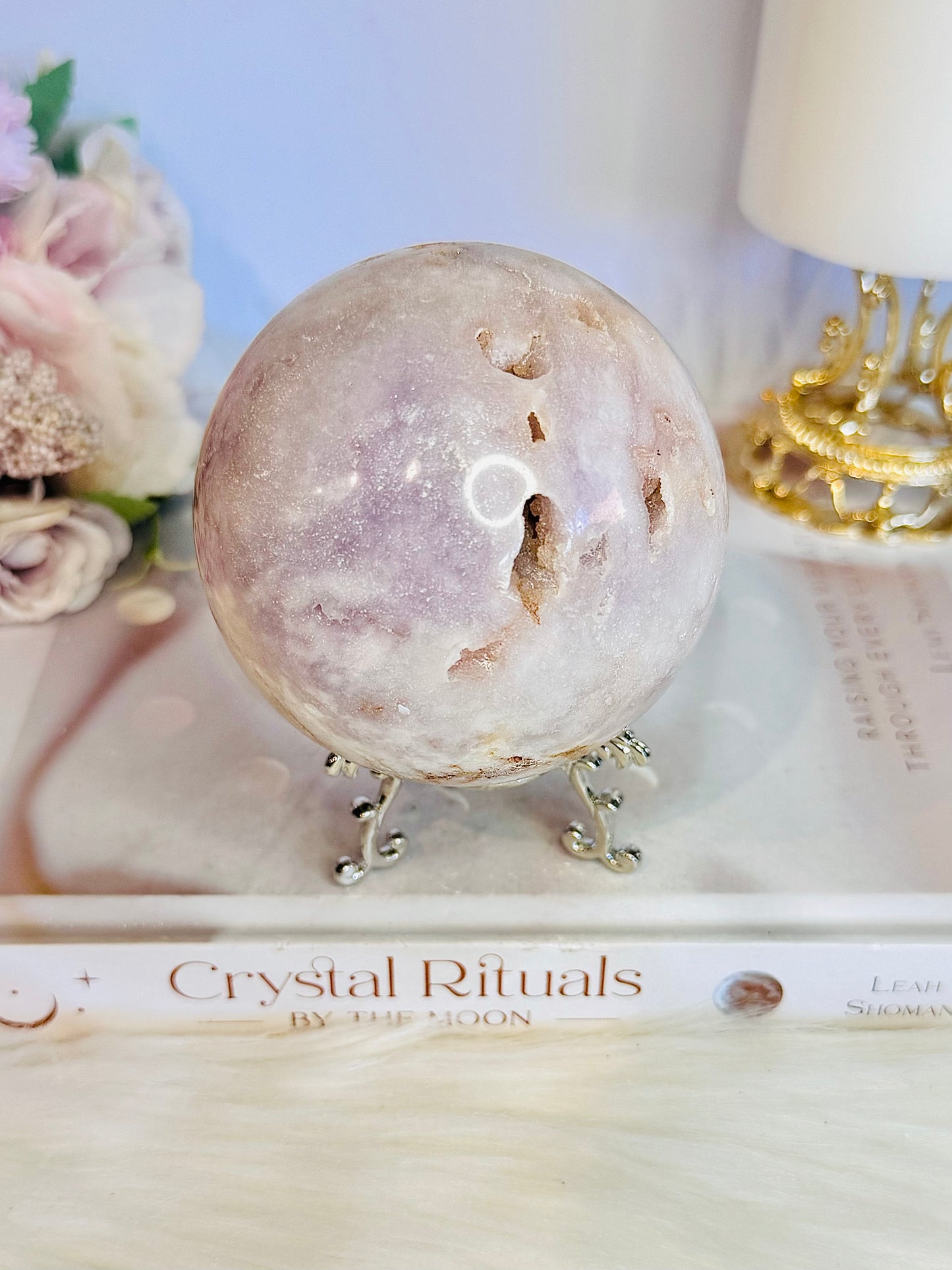 Natural Large Druzy Pink Amethyst Carved Sphere on Stand From Brazil 610grams