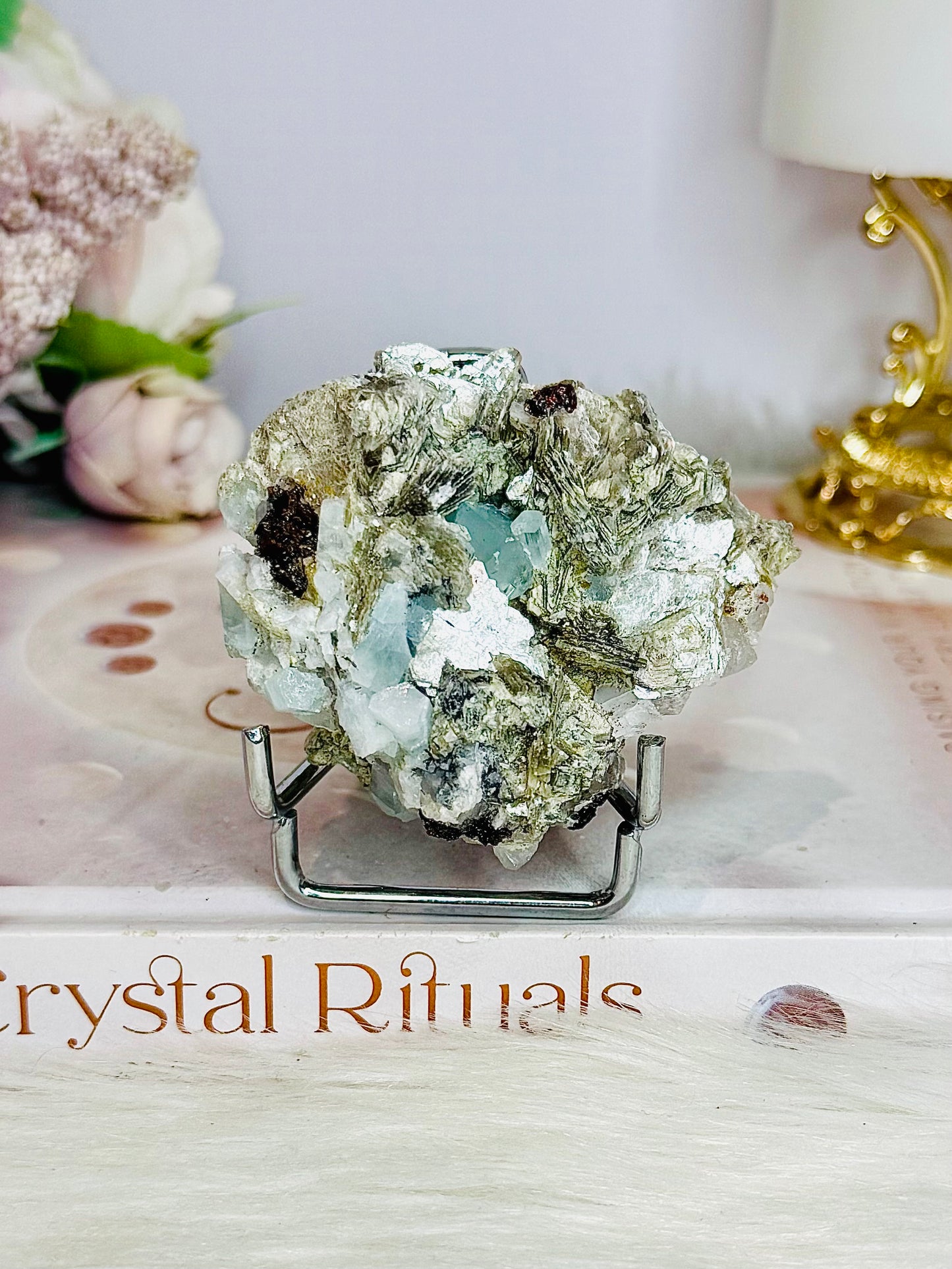 Rare Natural Aquamarine In Mica Specimen on Stand 110g