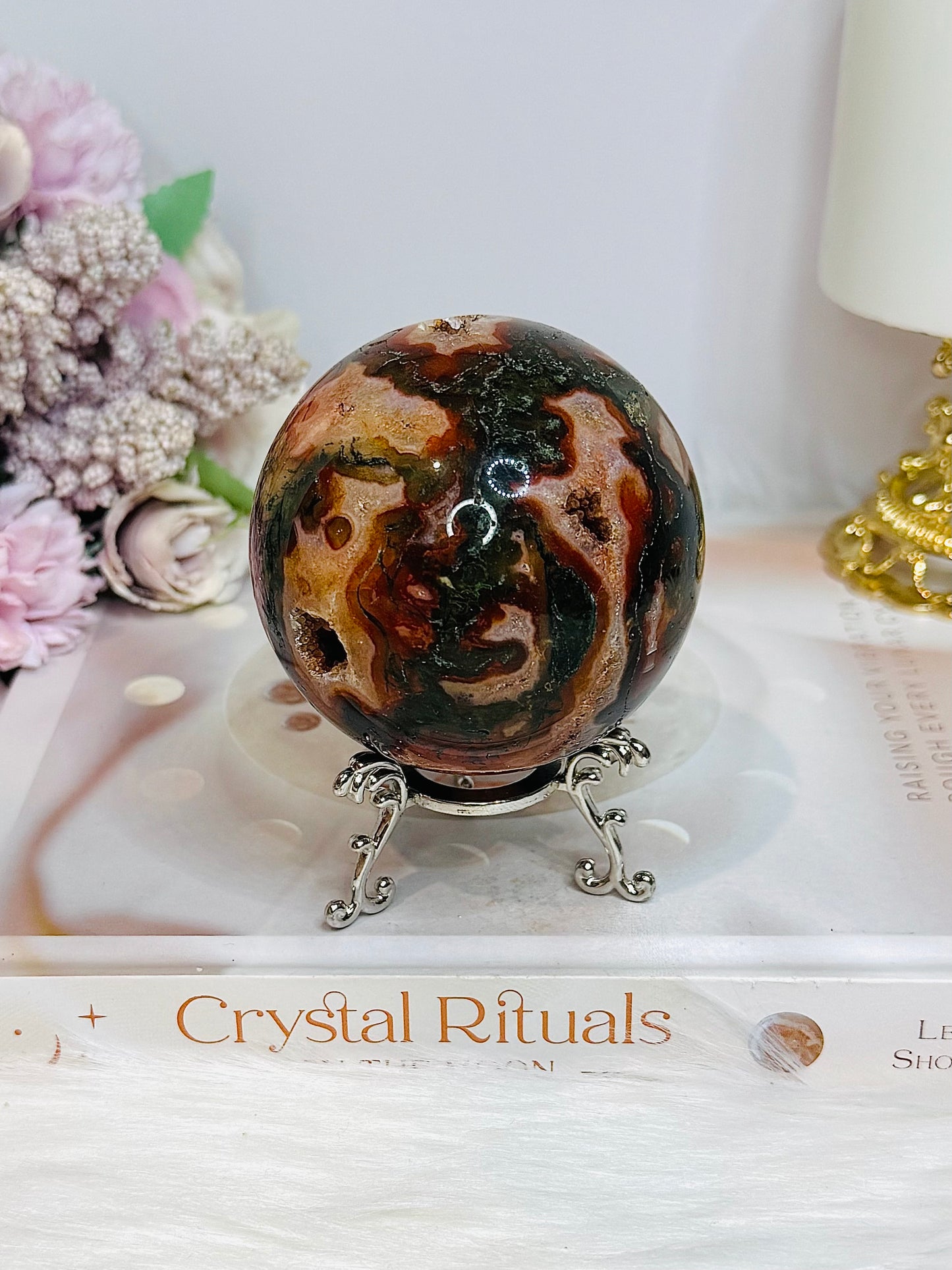 Large Red Moss Agate Druzy Sphere on Stand 452g
