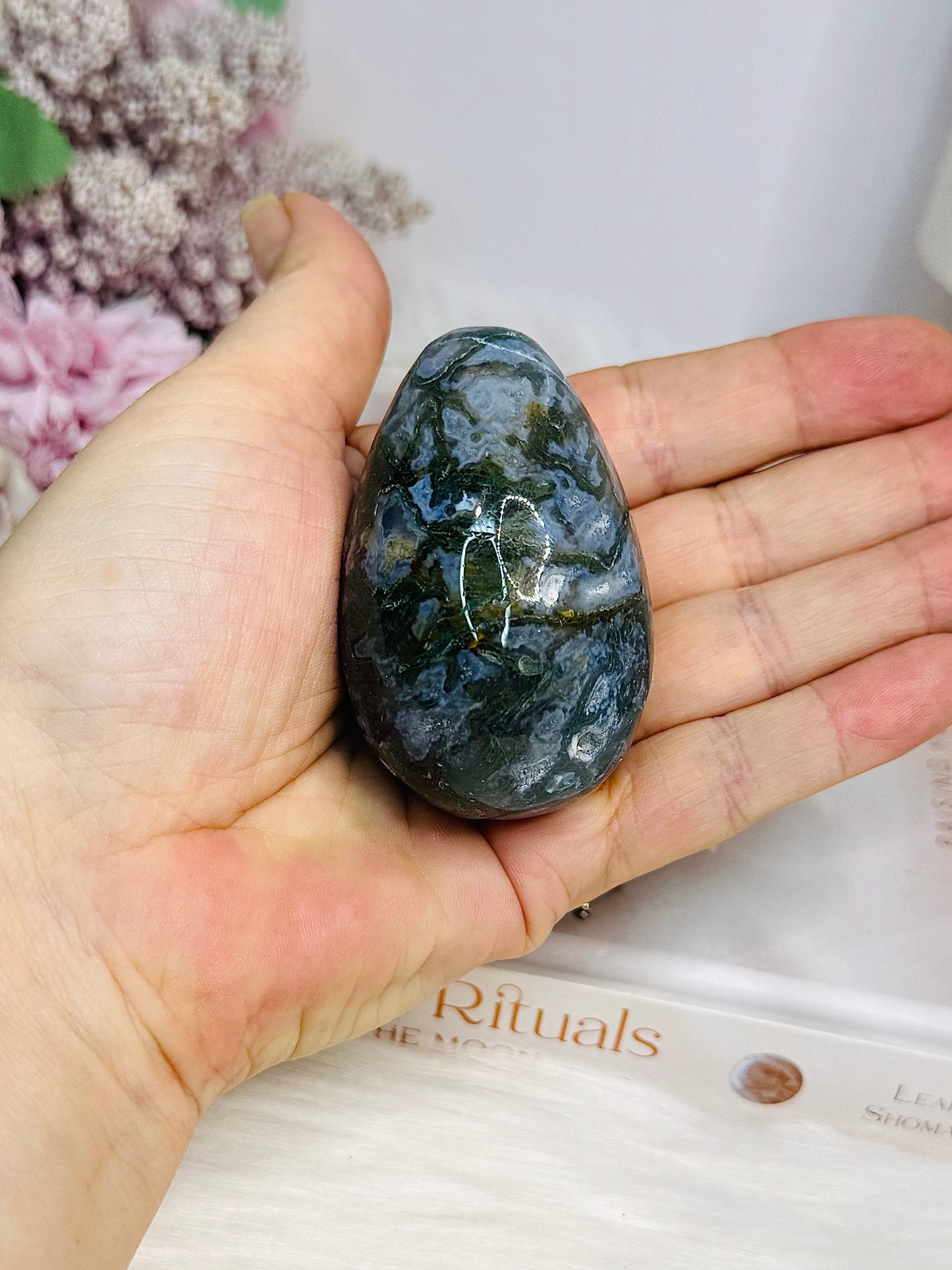 Moss Agate Druzy Egg On Stand 6.5cm
