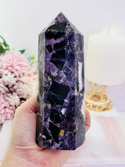 Large 16cm Chunky 865gram Purple Root Fluorite Tower