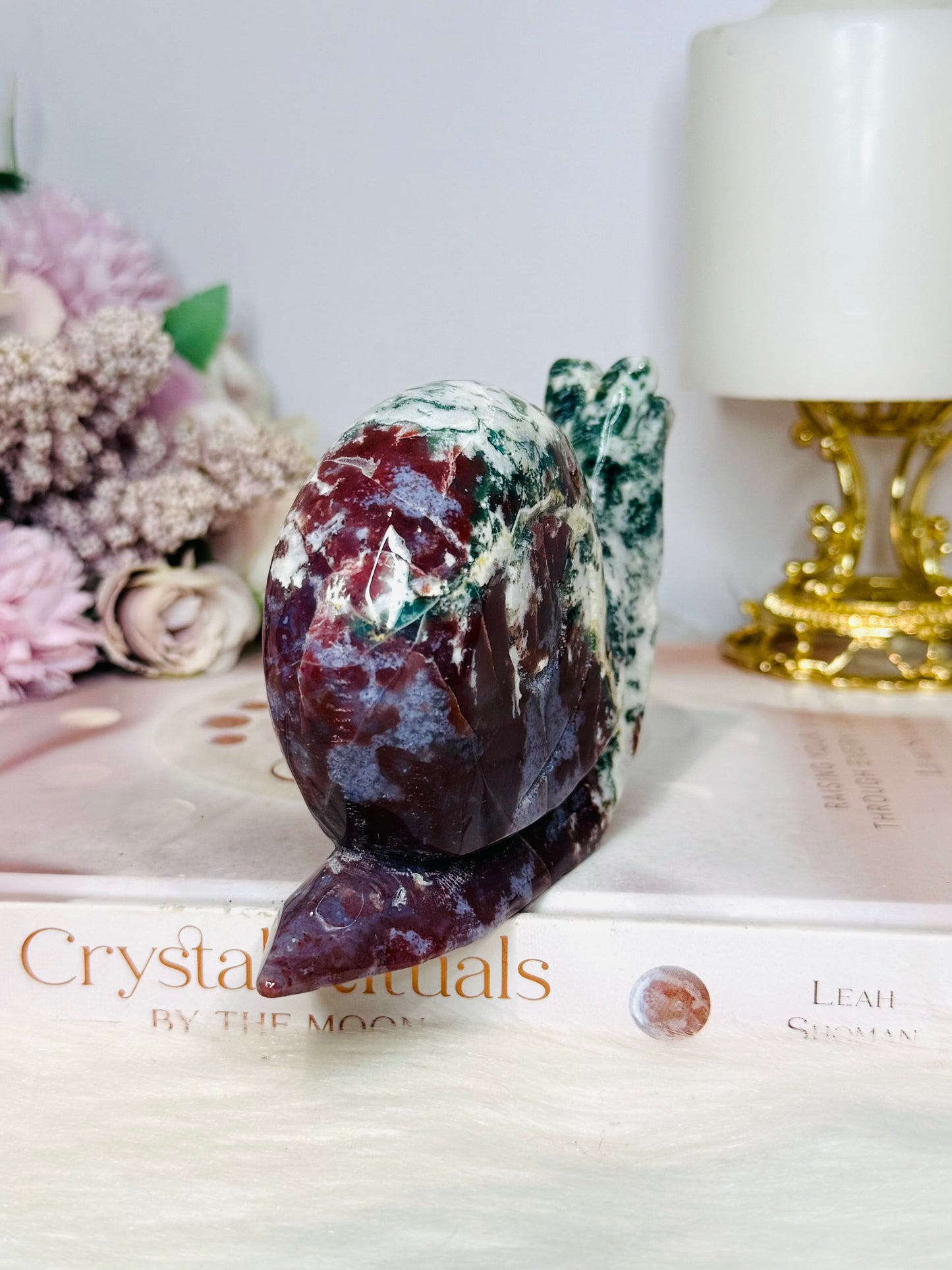 Red & Green Moss Agate Carved Large Snail 14cm