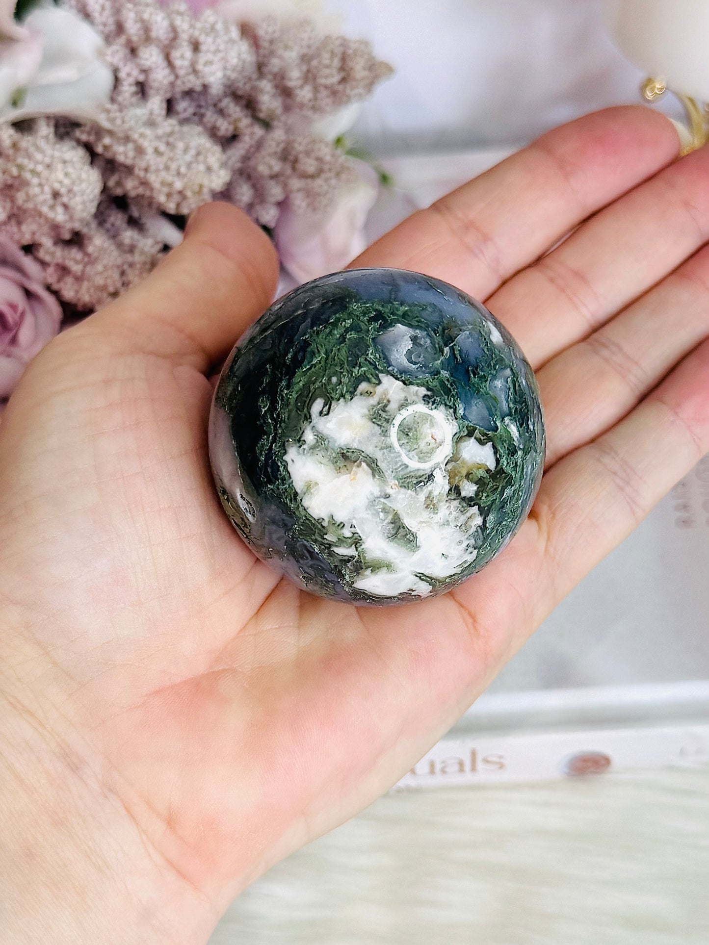 Moss Agate Sphere On Stand 301grams