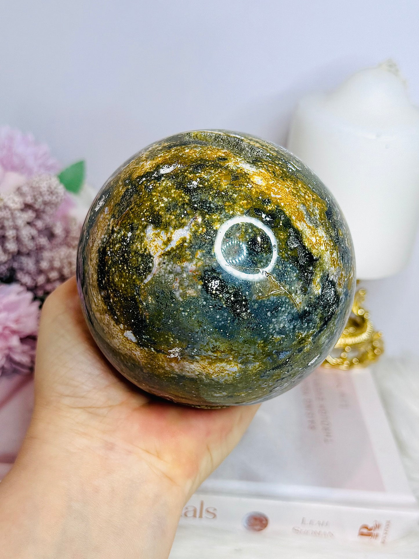 Large Ocean Jasper Orbicular Druzy Sphere On Stand 1.2KG