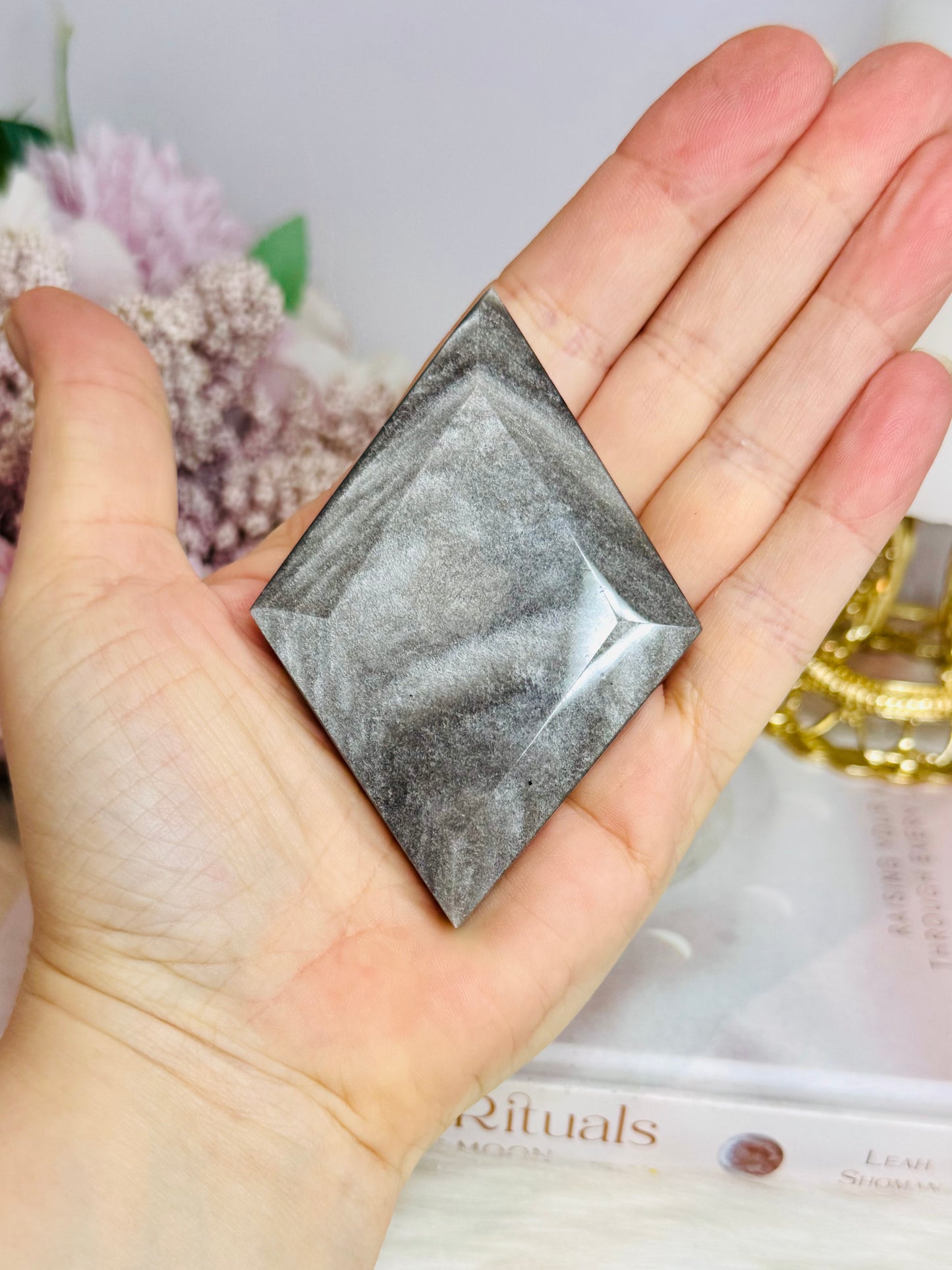 Silver Sheen Obsidian Carved Diamond On Stand 16cm