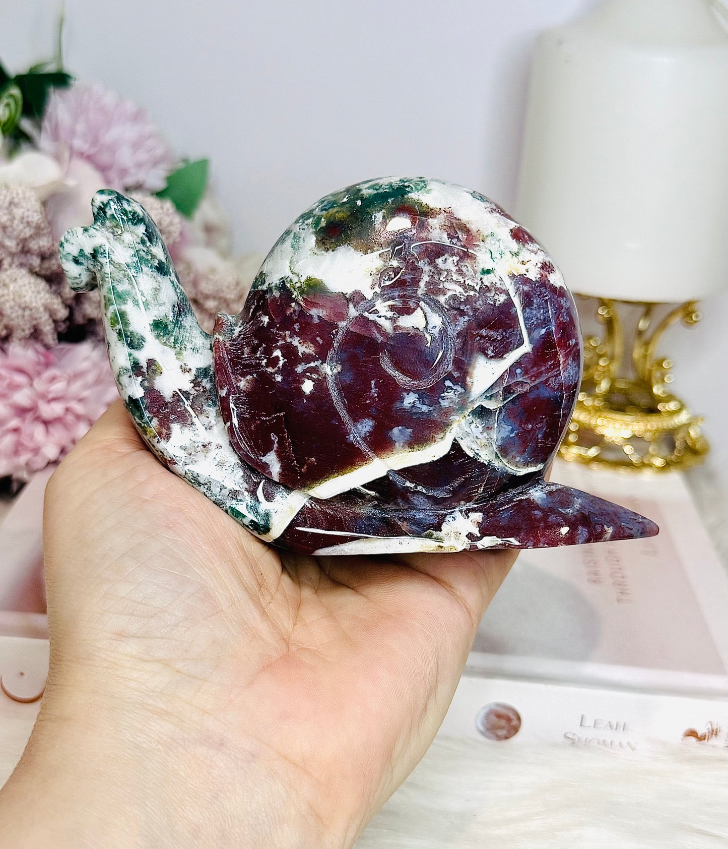 Red & Green Moss Agate Carved Large Snail 14cm