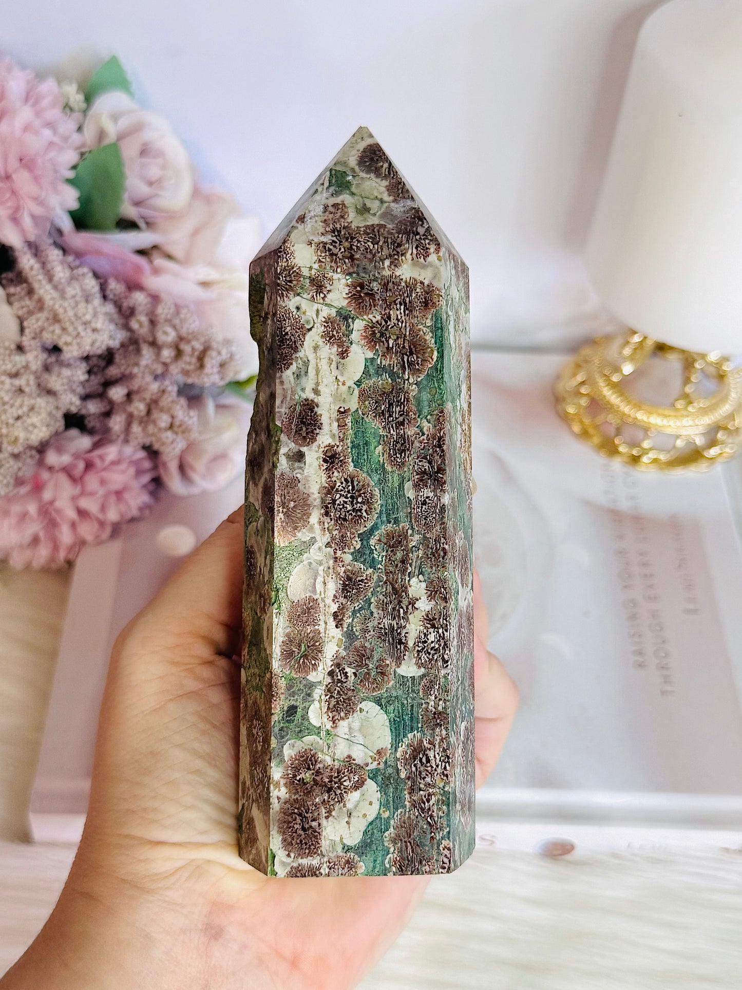 Green Firework Agate Large Tower 15cm ~ Reduced as chip on side