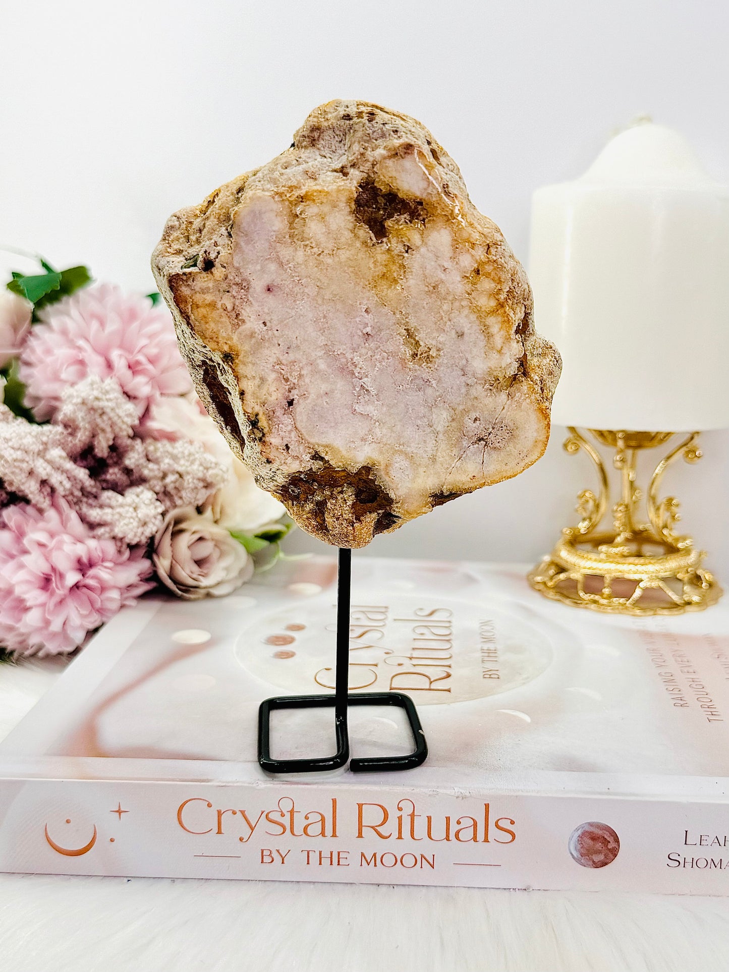 Natural 15cm Tall Pink Amethyst Druzy Slab On Stand