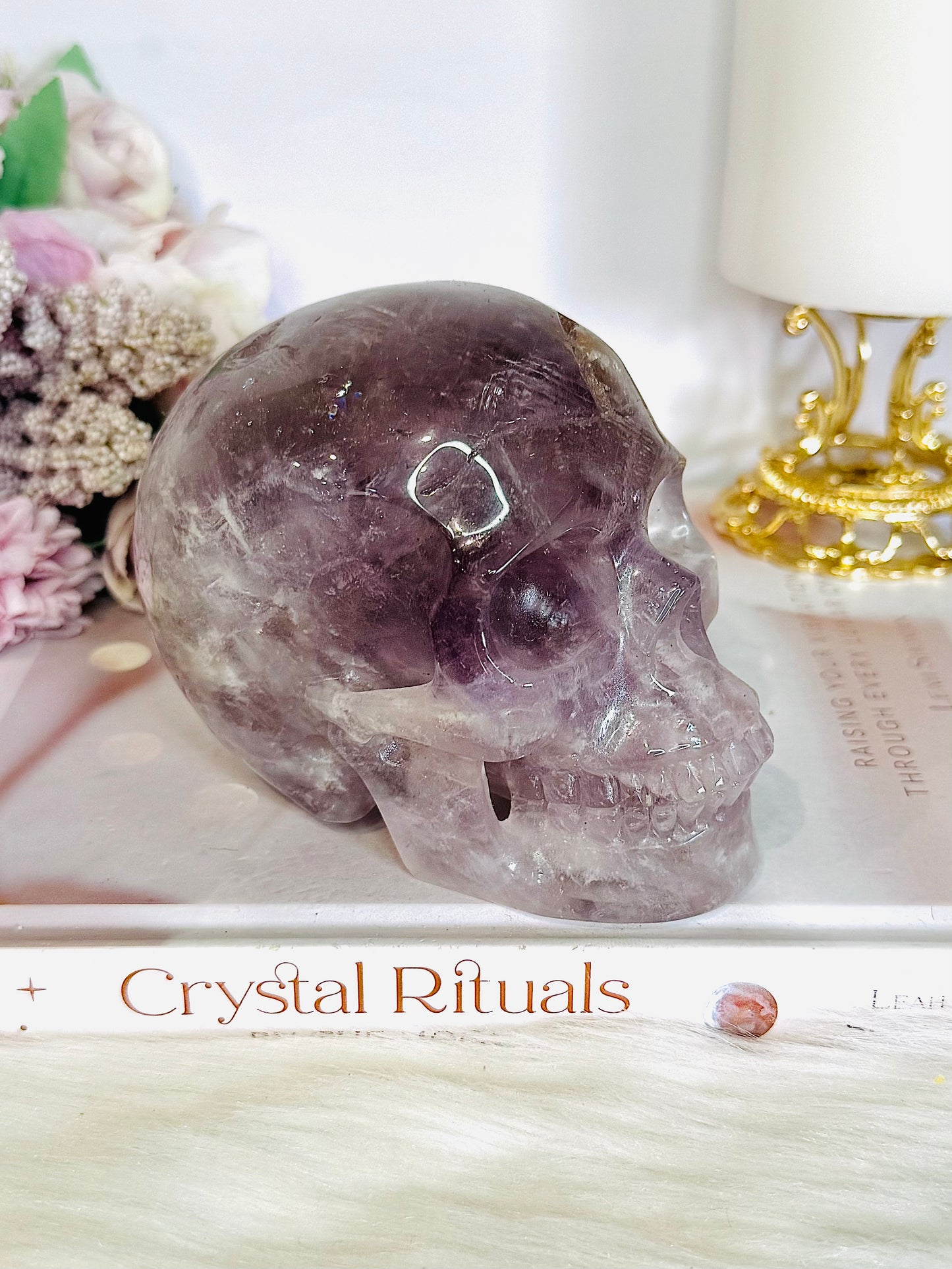 Huge 991gram High Grade Amethyst Carved Skull with Rainbows